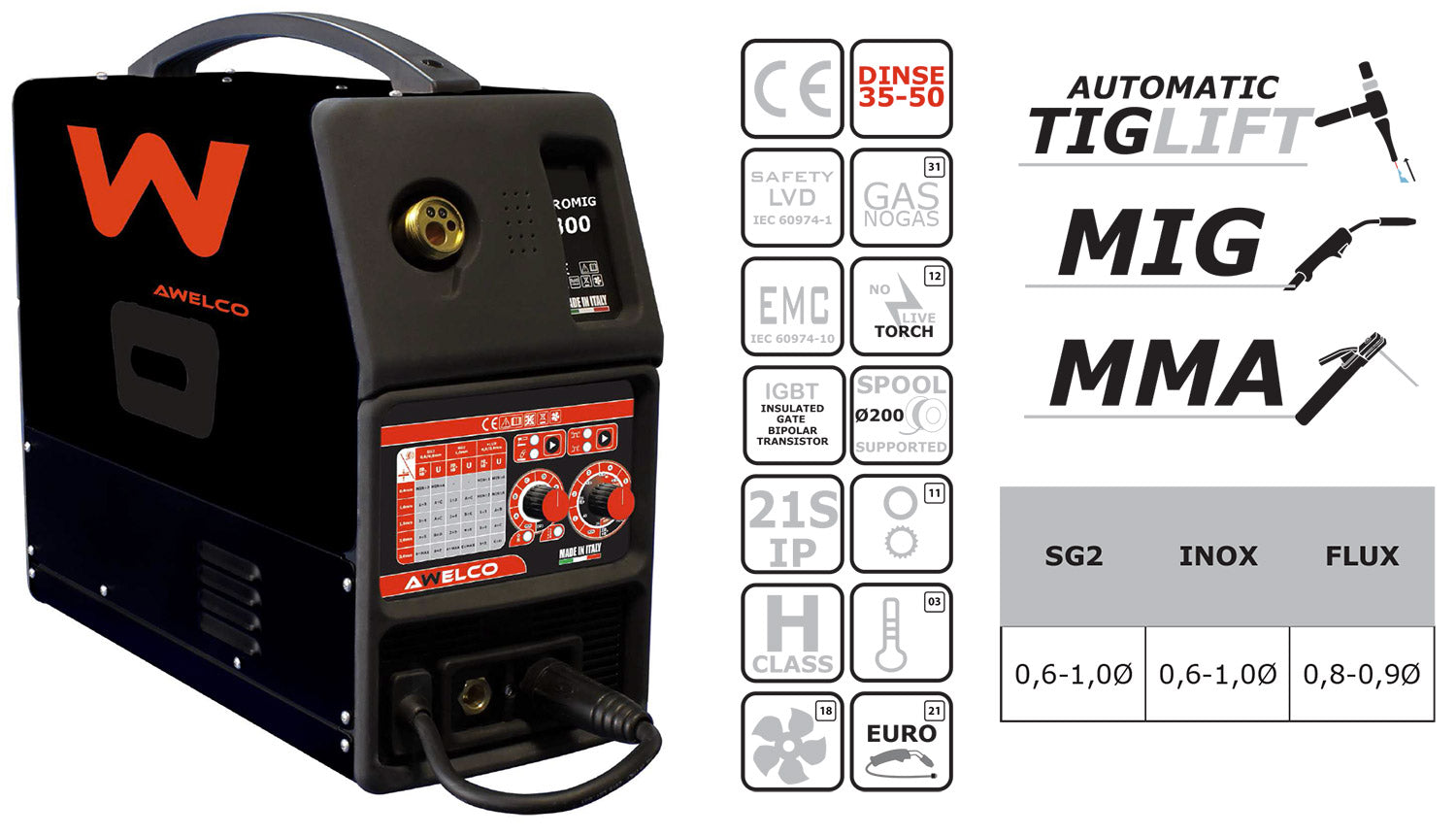 Saldatrice MIG MMA TIG Inverter Awelco Mikromig 1800 EURO...