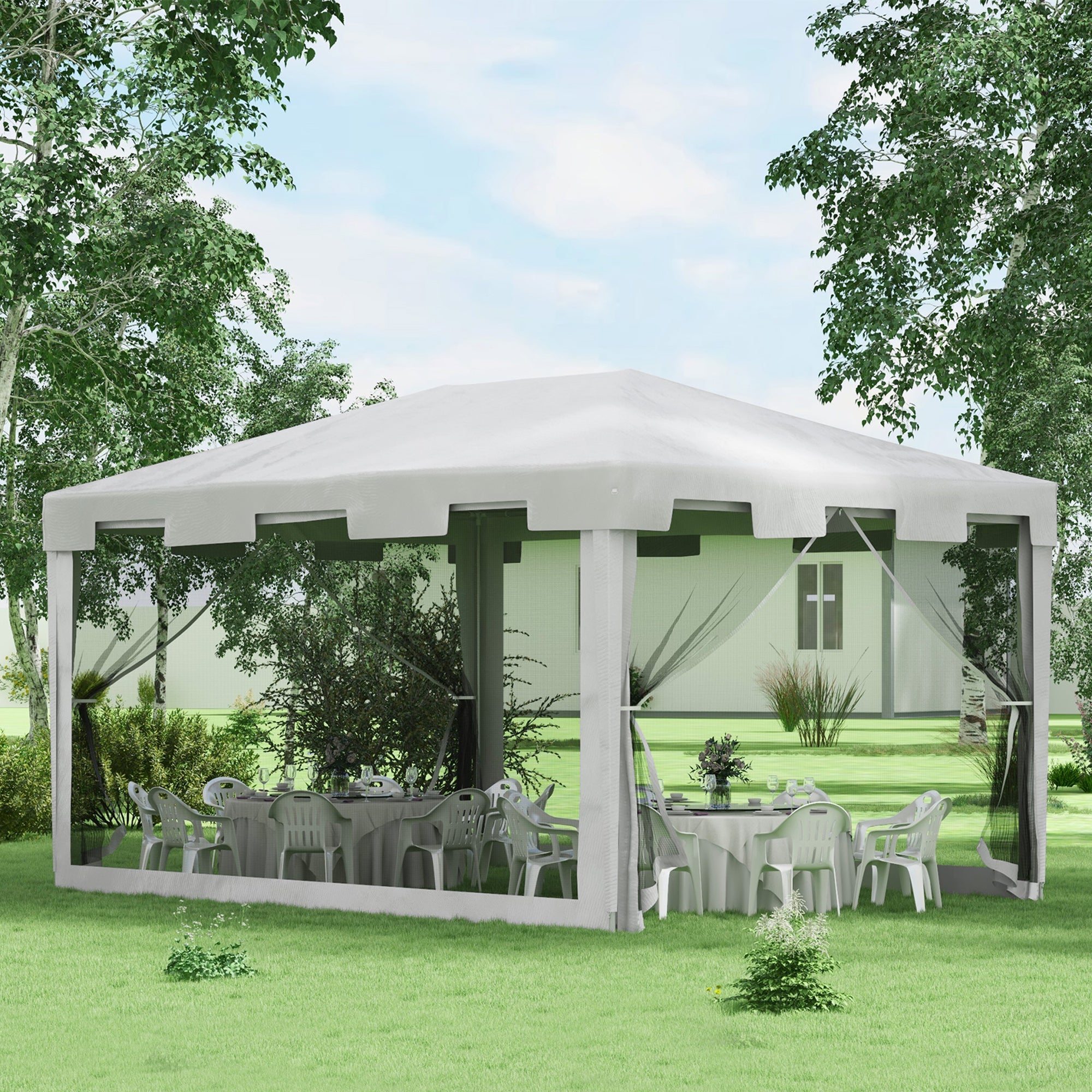 Gazebo da Giardino Pieghevole con Zanzariera e 2 Ingressi 4x3m in Metallo e PE Bianco e Nero...