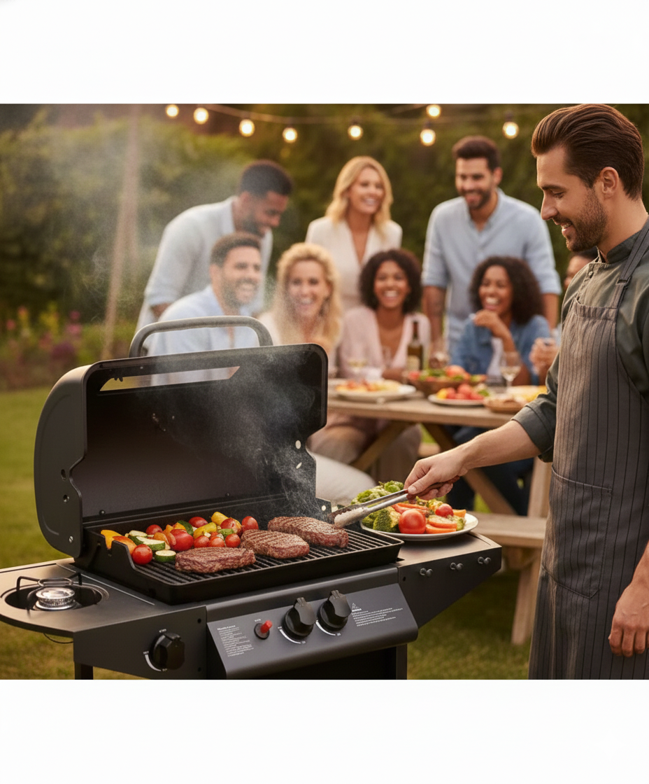 Barbecue a Gas 2,9 kw Alabama Superficie di Cottura in Pietra Lavica Nero...