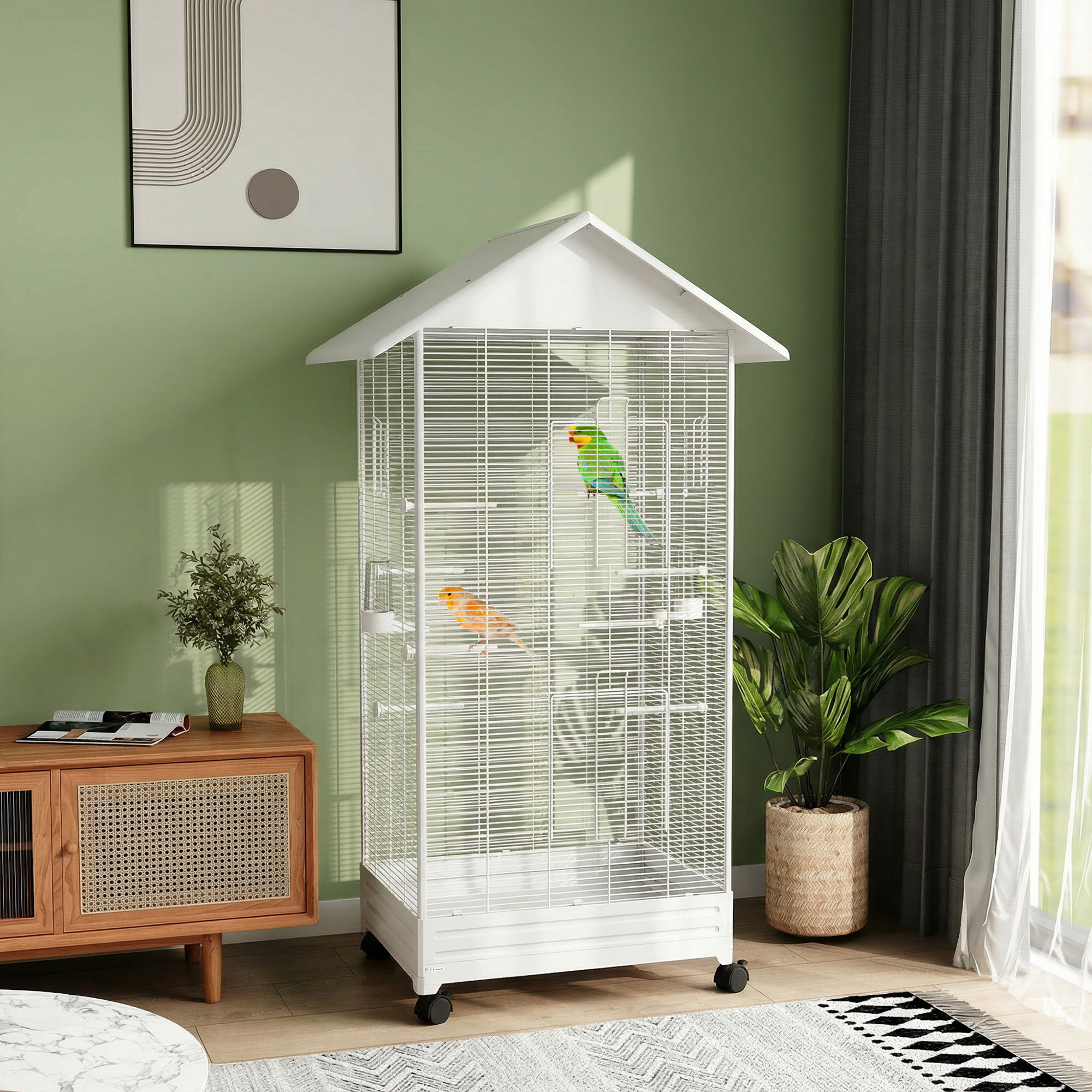 Gabbia per Uccelli Voliera 79x65x155 cm con Ruote in Acciaio Bianco...