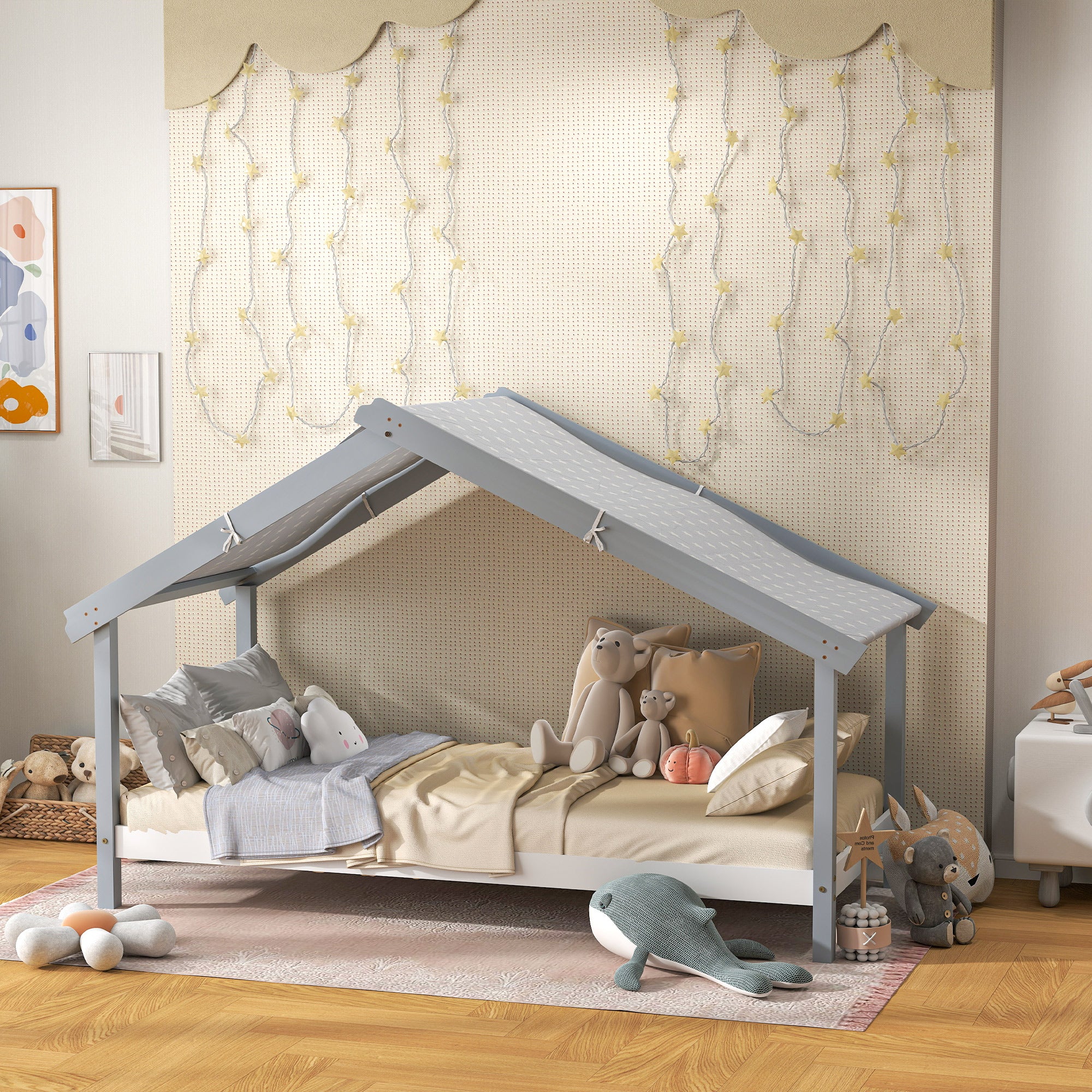 Letto Singolo per Bambini Casetta Tetto Stellato in Tessuto 213x100x140 cm Grigio...