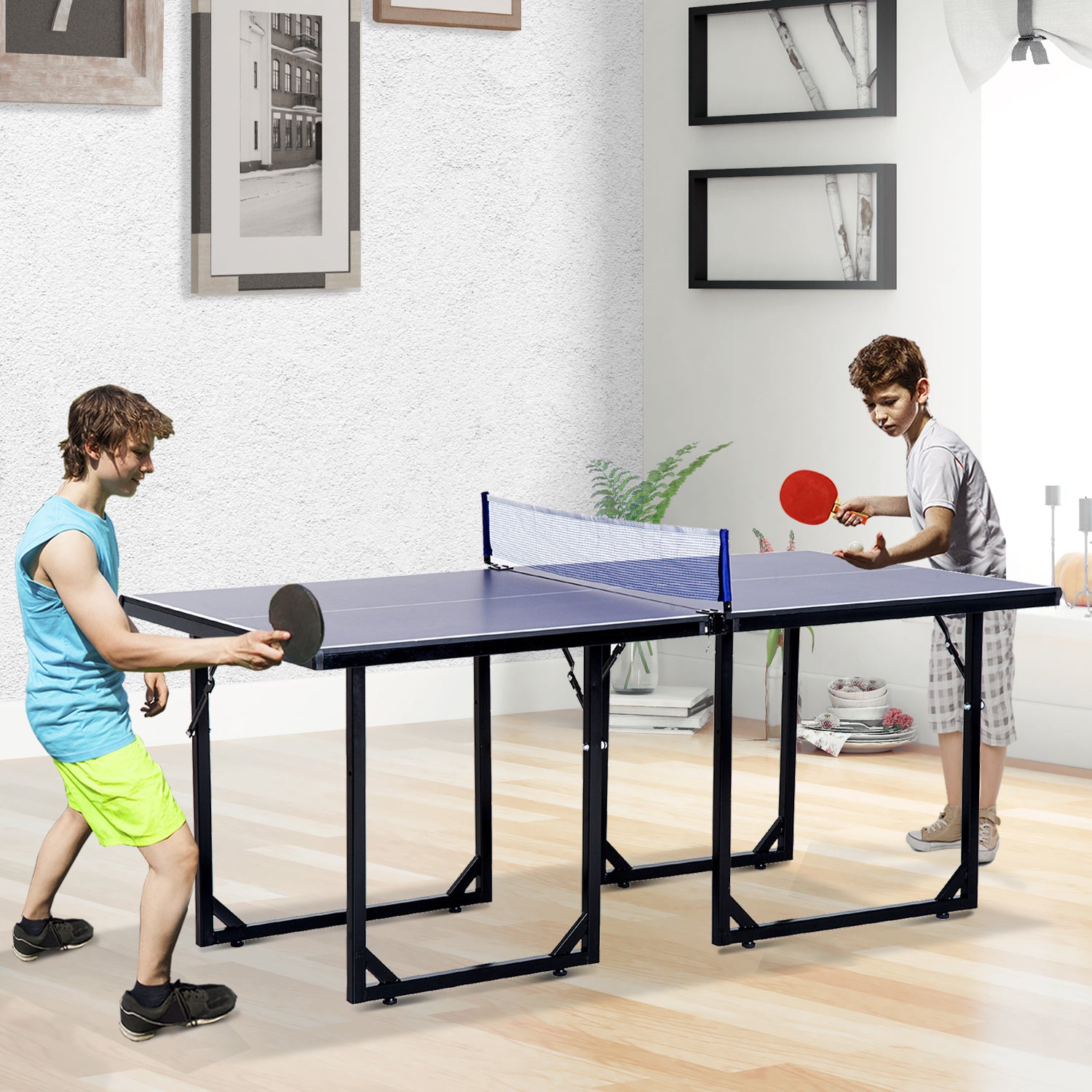 Tavolo da Ping Pong per Bambini Pieghevole 182x91x76 cm in Acciaio e MDF Blu...