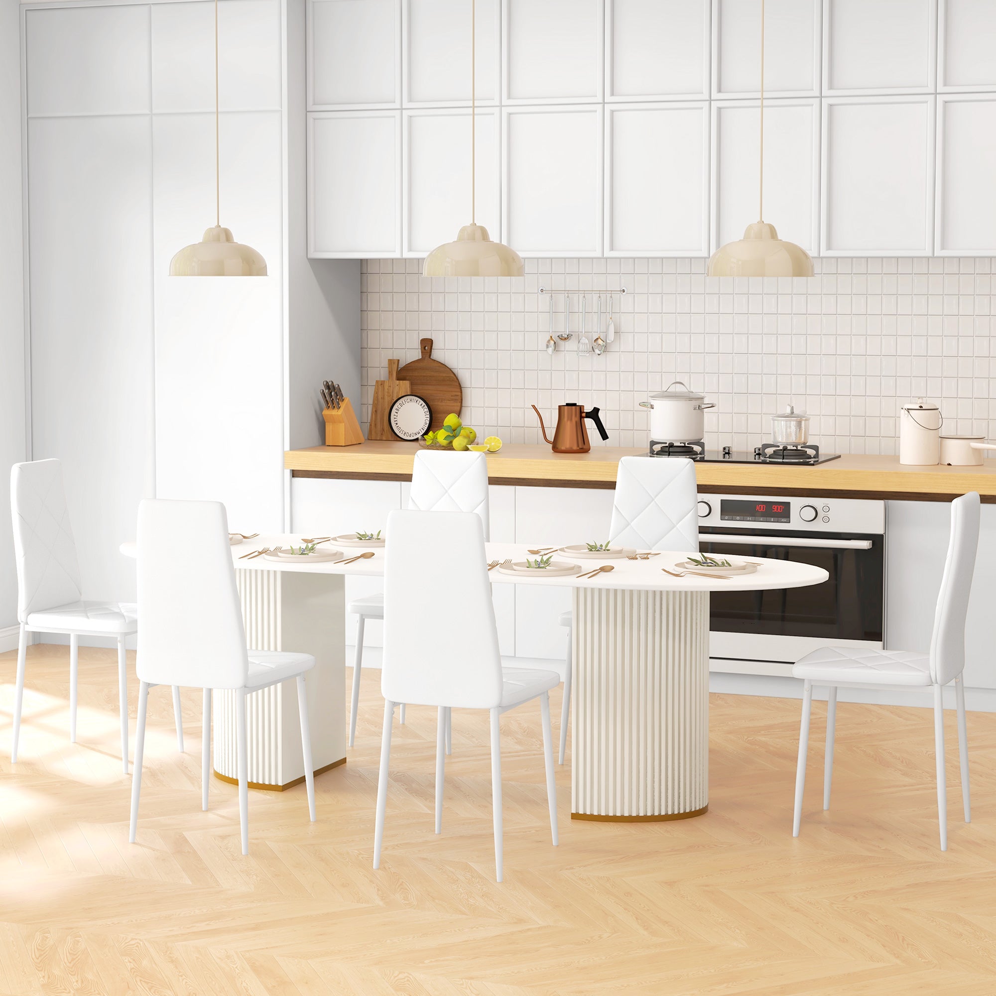 Set 6 Sedie da Pranzo Moderne Schienale Alto Cuciture a Diamante 41x50x97 cm Bianco...