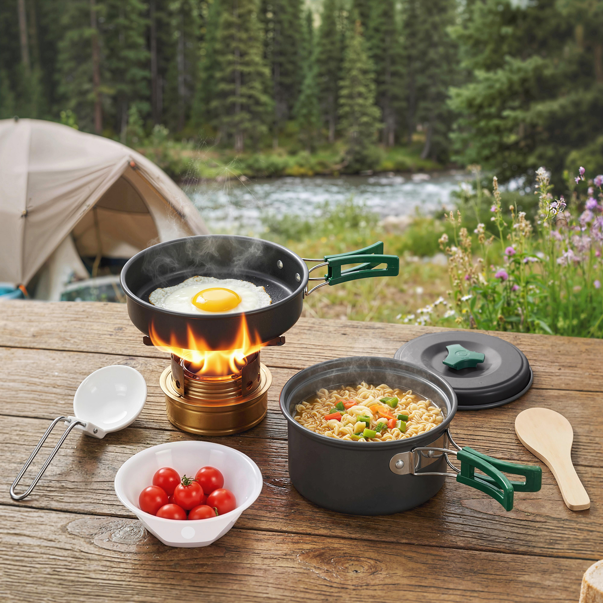 Set 8 Pezzi da Cucina per Campeggio Kit Ultraleggero con Manici Anti-Scottatura in Alluminio Grigio...