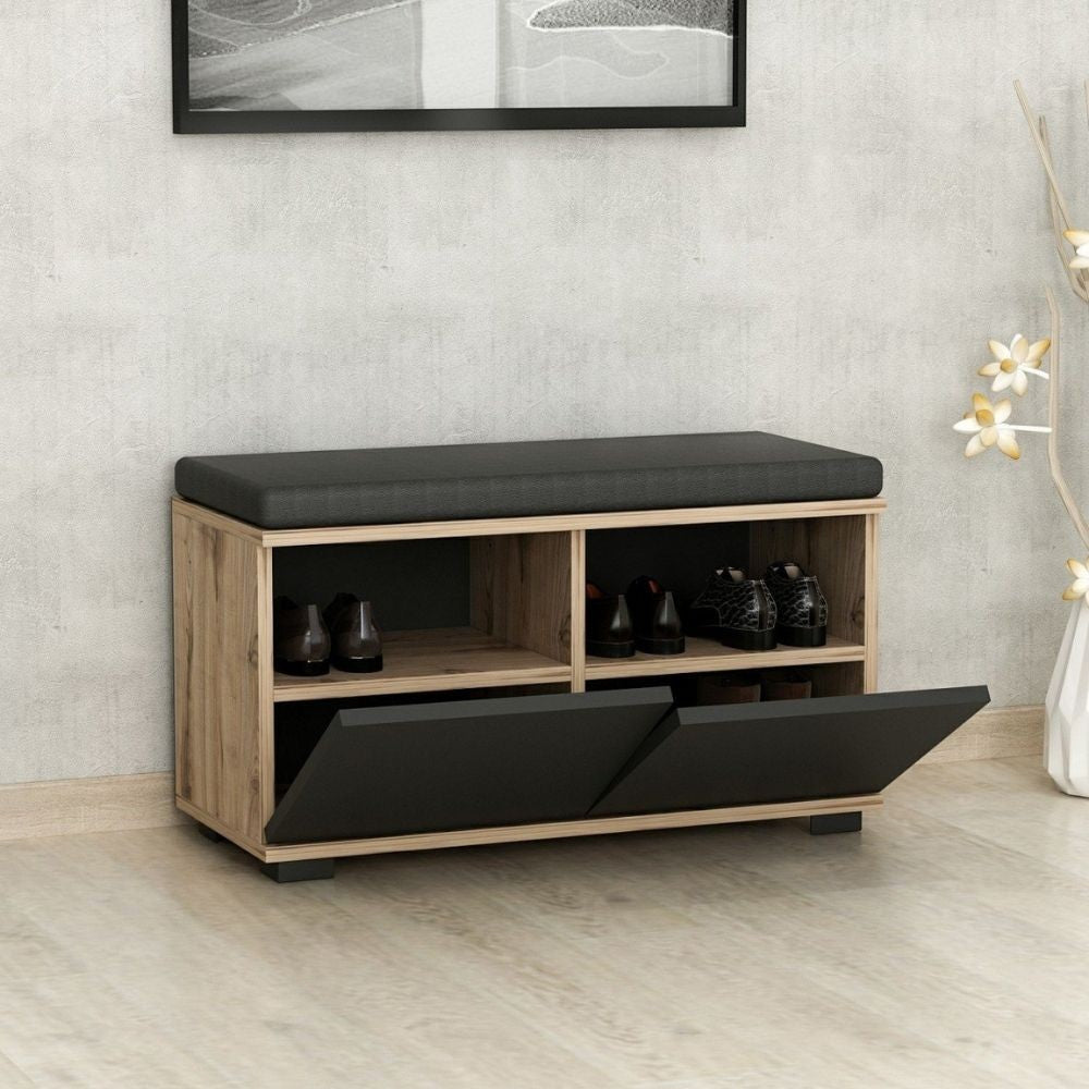 Scarpiera con pouff 80x35x42 cm Dragoshoe noce e nero...