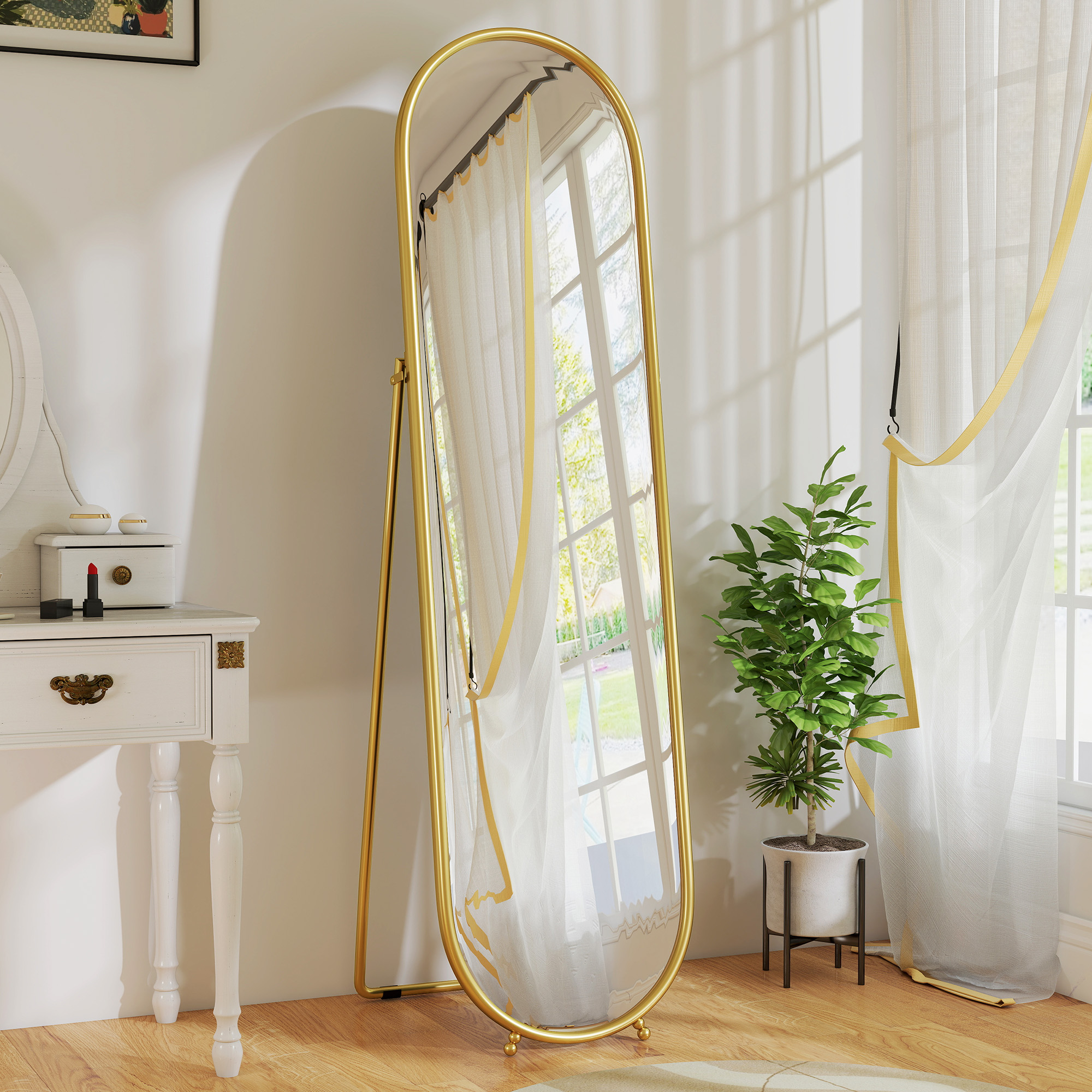 Specchio a Figura Intera da Terra 50x4x180 cm con Supporto Pieghevole in Vetro e Metallo Oro...