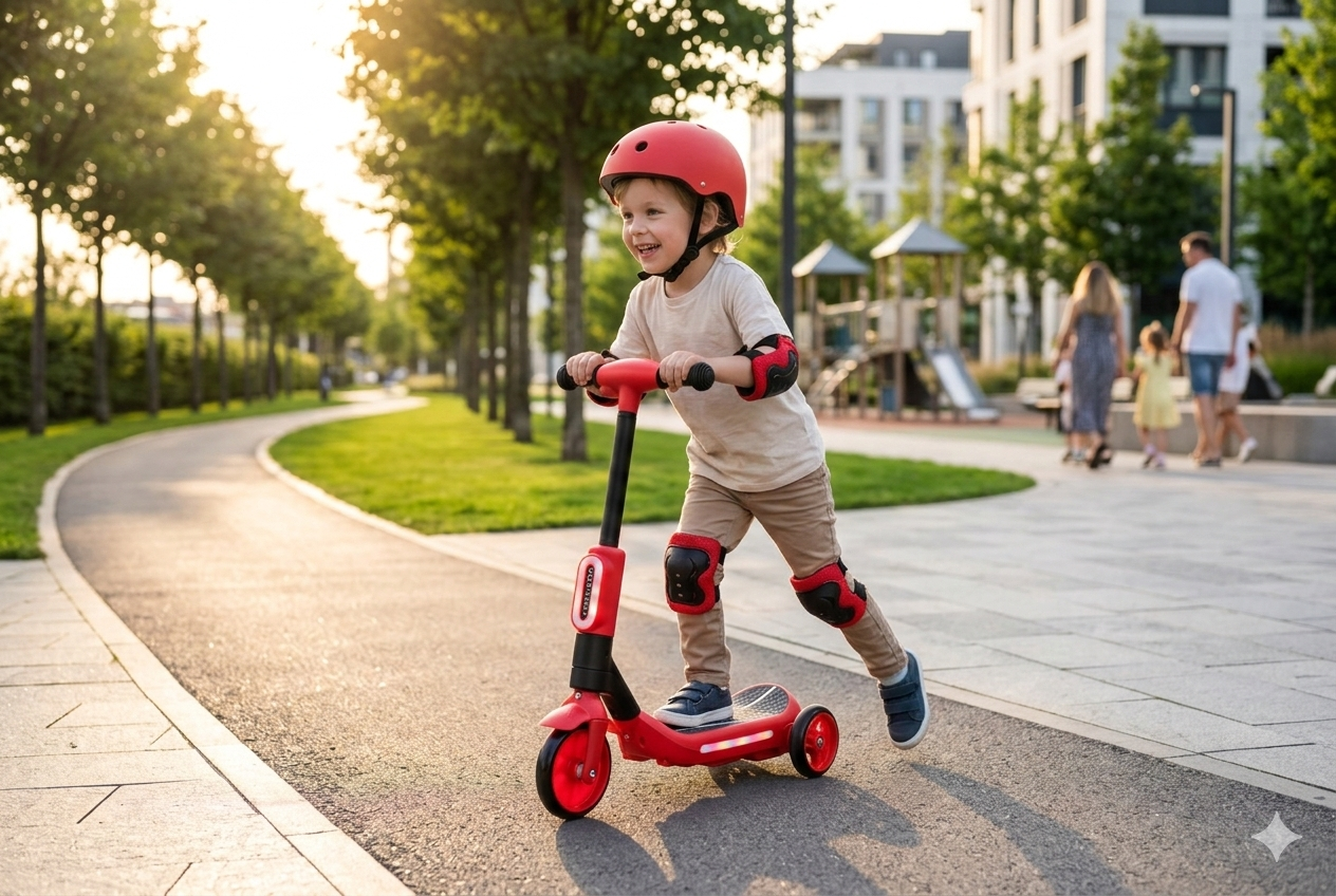 Monopattino Elettrico Deluxe a 3 Ruote 67x32x69 cm Luci LED RGB Casco e Protezioni Incluse Rosso...