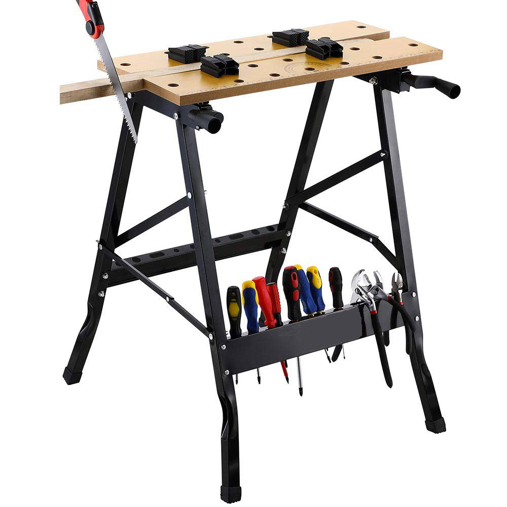 Banco da Lavoro Pieghevole 56x62x77 cm in Acciaio con Piano in Legno Nero...