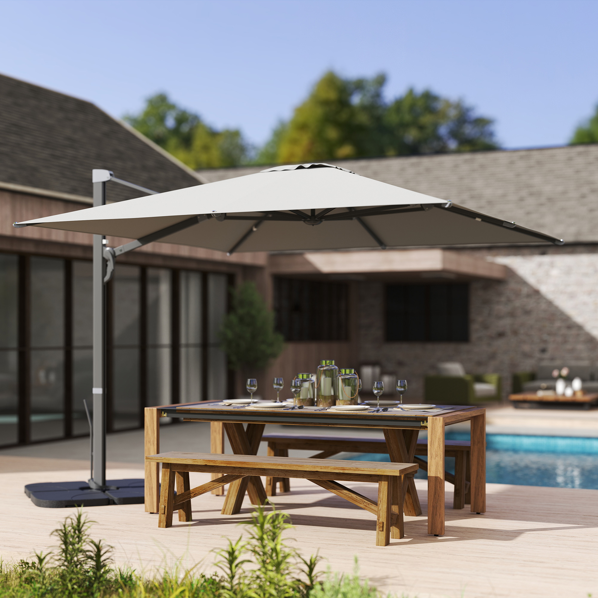 Ombrellone a Sbalzo con Manovella 365x297x256 cm con Base a Croce Grigio Chiaro...