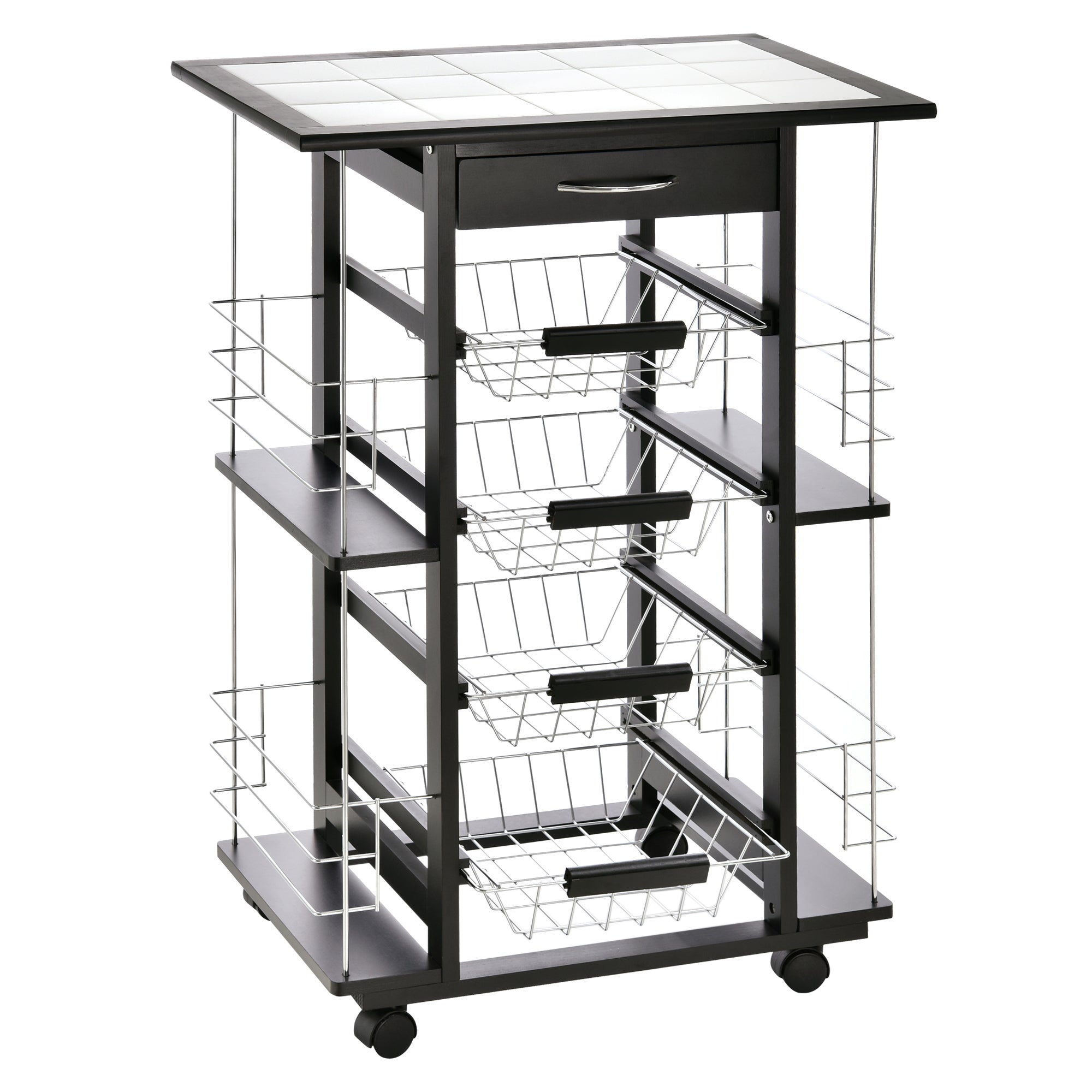 Carrello da Cucina con 4 Cestini e 4 Scomprati in Legno di Pino 57x37x83 cm Nero