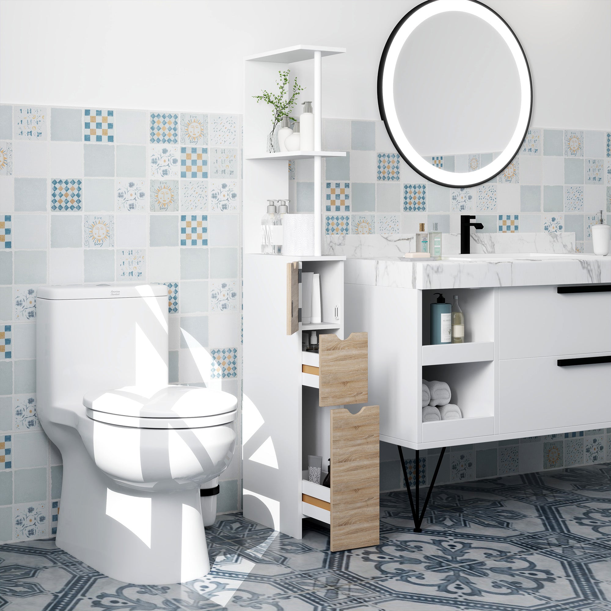 Mobile Colonna Bagno Salvaspazio 15x33x136 cm con Armadietto e Ripiani Legno e Bianco...