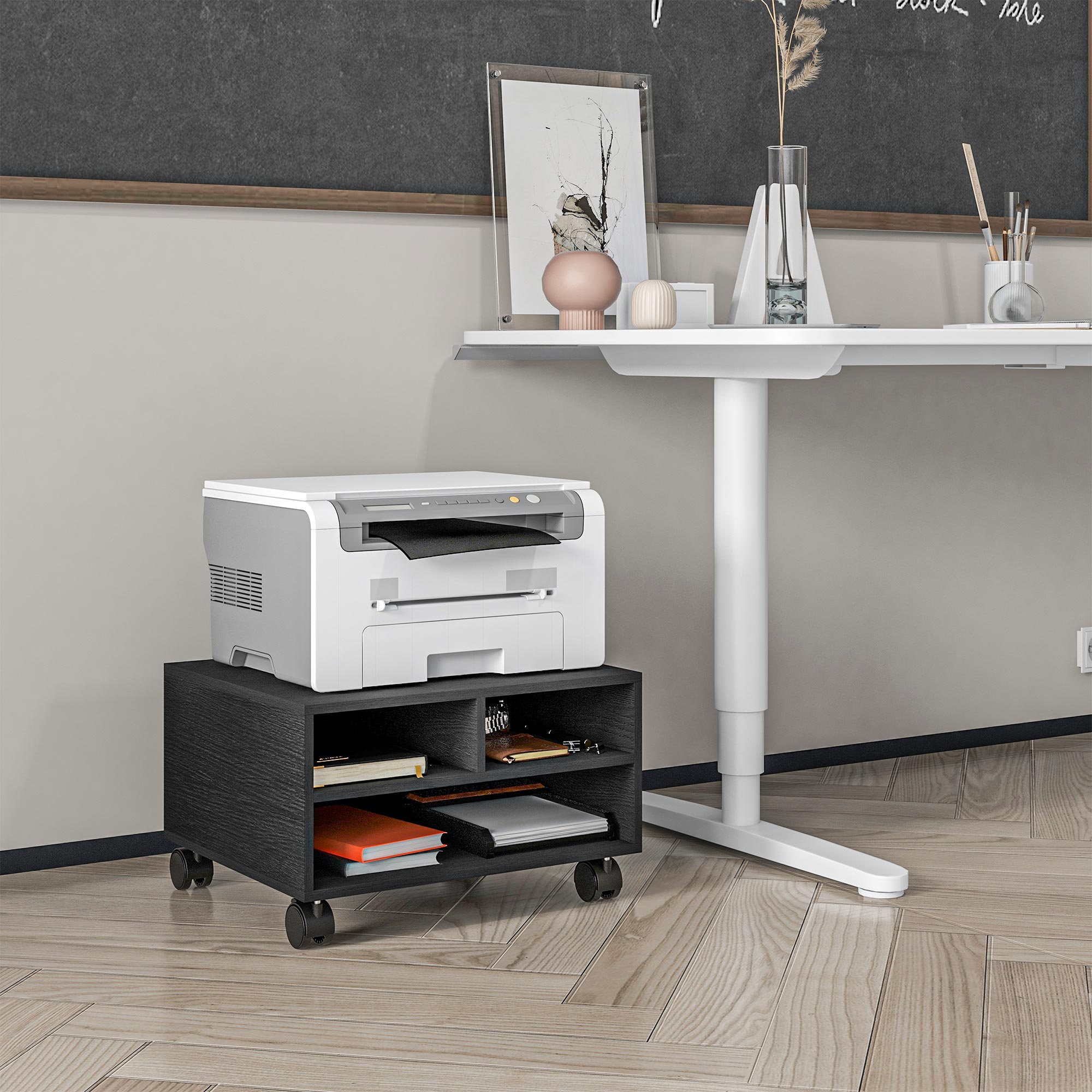 Mobile Porta Stampante a 2 Ripiani in Legno con Ruote per Ufficio e Studio 47x40x22,5 cm in Truciolato Nero...