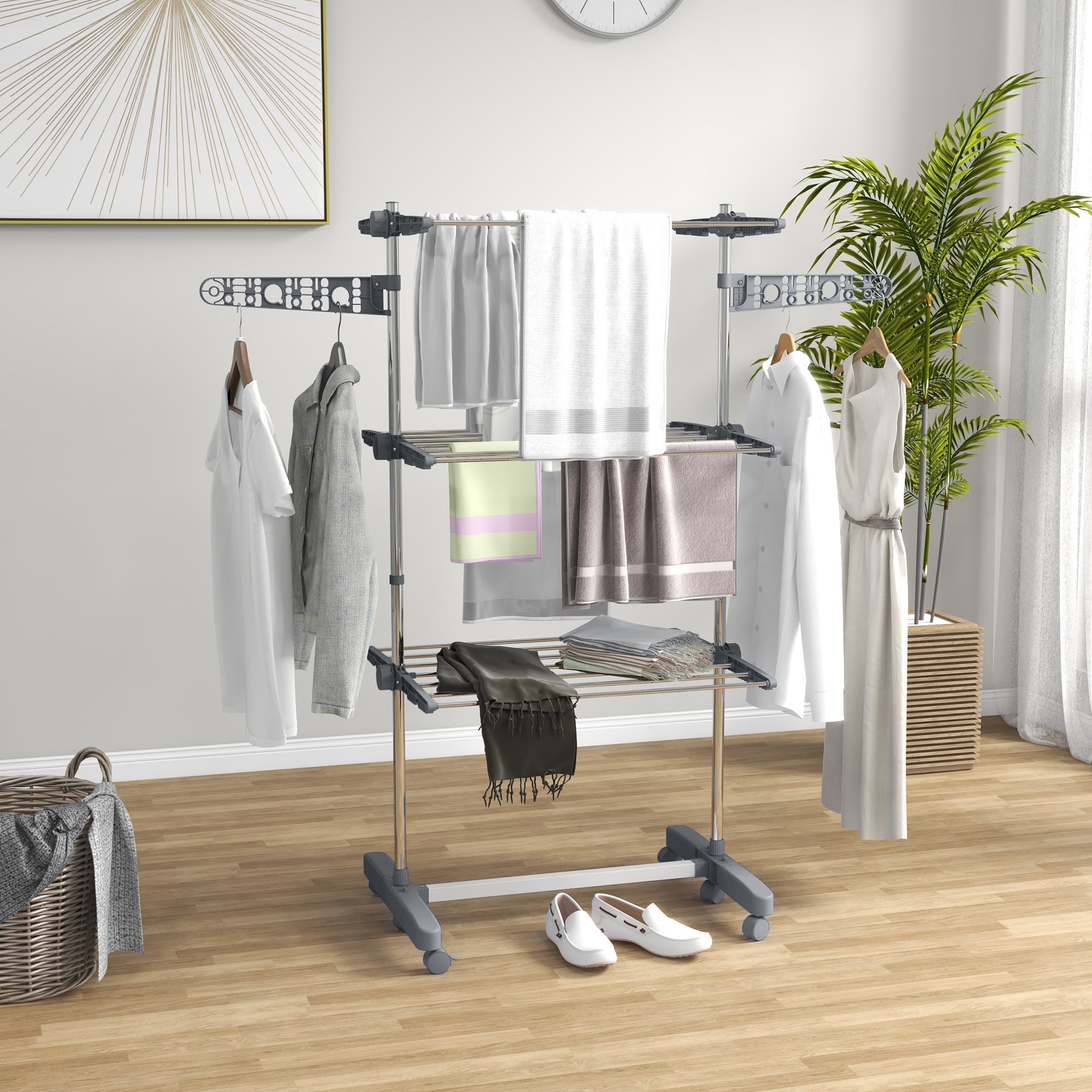 Stendino Verticale 3 Ripiani Regolabili 142x55x152 cm in Acciaio e Plastica Grigio e Argento...