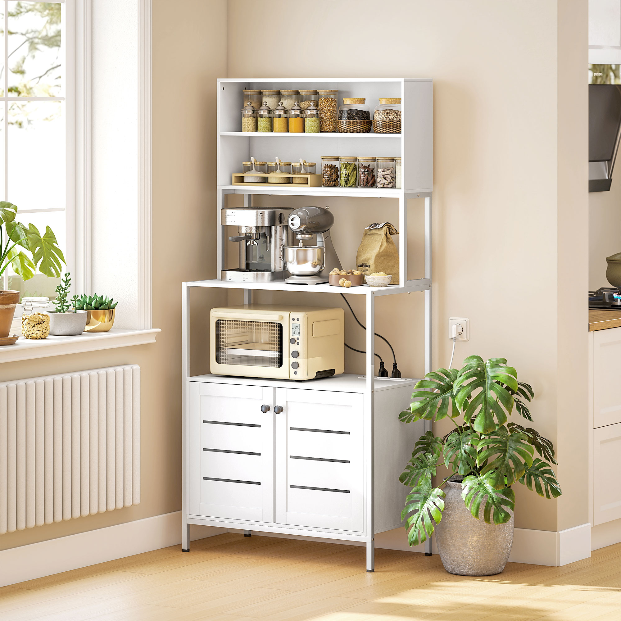 Credenza Cucina Mobile Dispensa 80x42x171 cm in Legno e Acciaio Bianco...