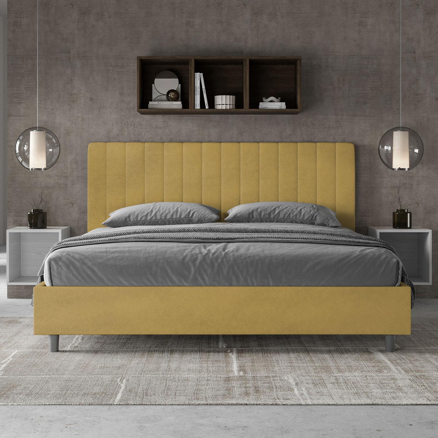 Letto Matrimoniale King Size 180x200 cm Senza Rete Imbottito in Microfibra Agueda Ocra...