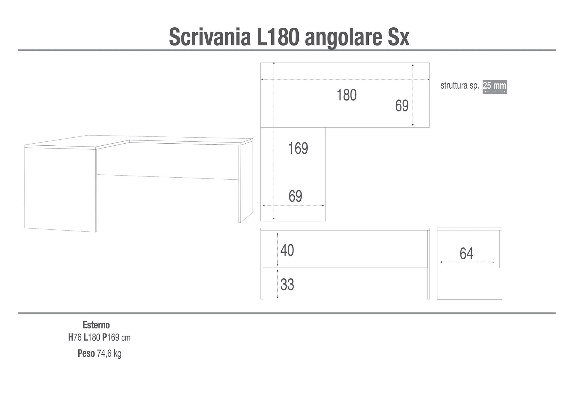 Scrivania Angolare Sx 180x76x169 cm Cemento...