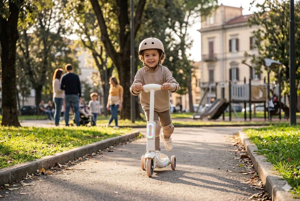 Monopattino Elettrico Deluxe a 3 Ruote 67x32x69 cm Luci LED RGB Casco e Protezioni Incluse Beige...