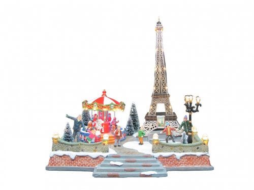 Paesaggio Natalizio Parigi con Giostre 32.5x25x36cm con Movimento Luci e Suoni...
