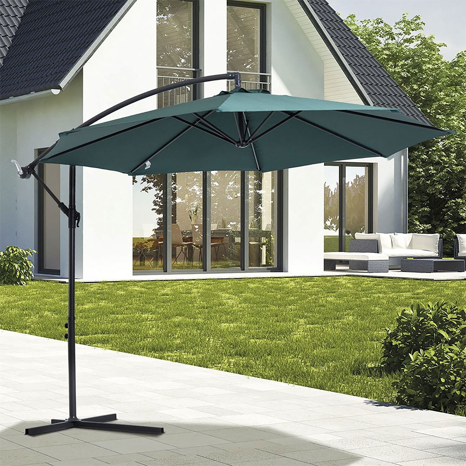 Ombrellone Lampara da Giardino Palo Laterale Ø300 cm in Acciaio e Poliestere Verde Kios...