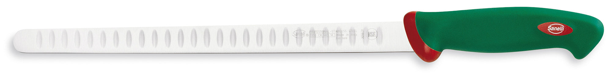 Image of Coltello per Salmone Olivato Lama 31 cm Manico Antiscivolo Sanelli Premana Verde/Rosso