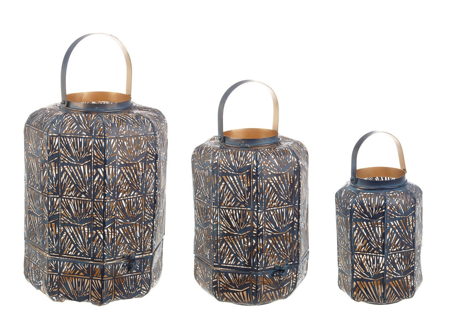 Image of Set 3 Lanterne in Metallo Kaylie Bomb Blu-Oro