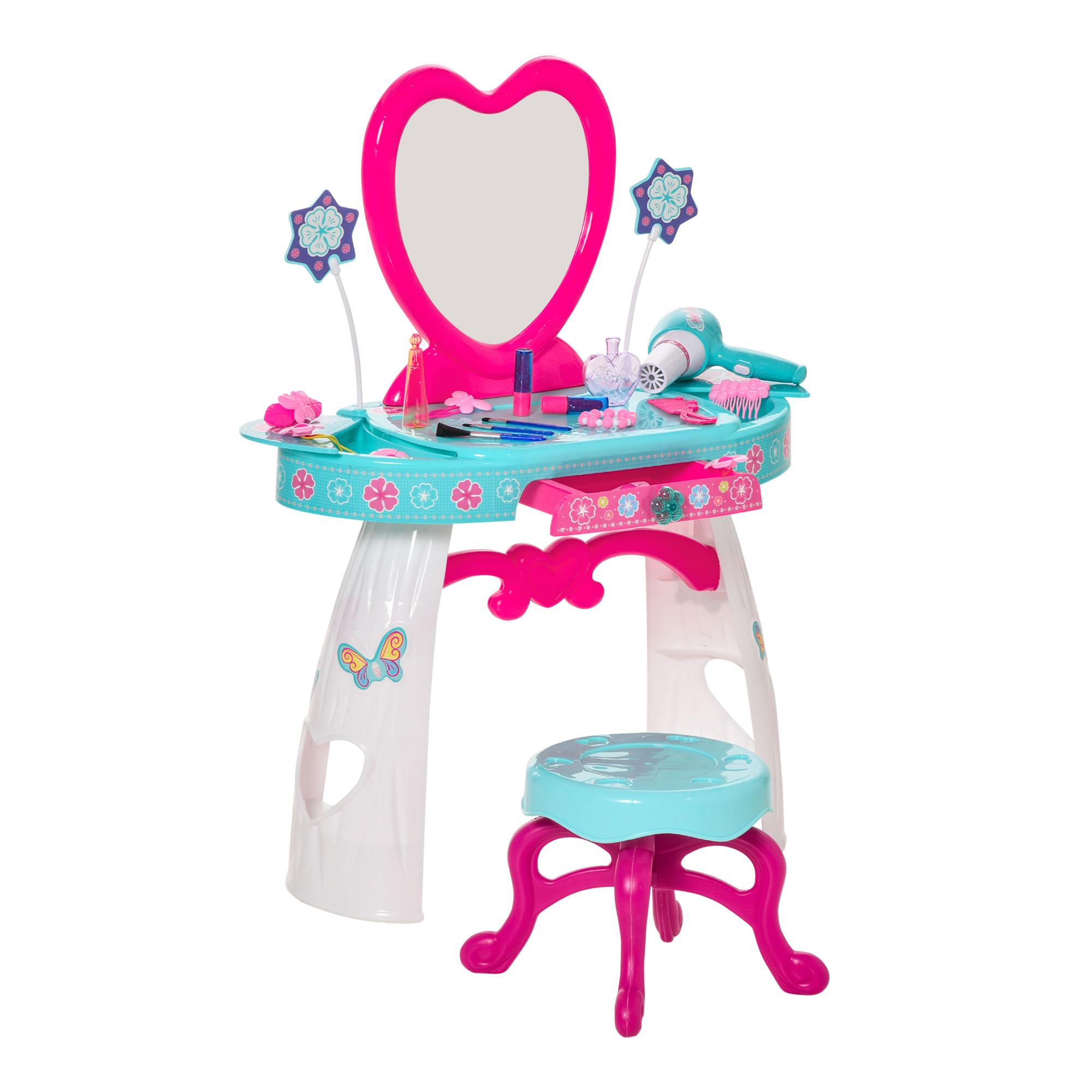 Postazione Trucco Specchiera Giocattolo per Bambini con Specchio e Accessori Azzurro e Bianco