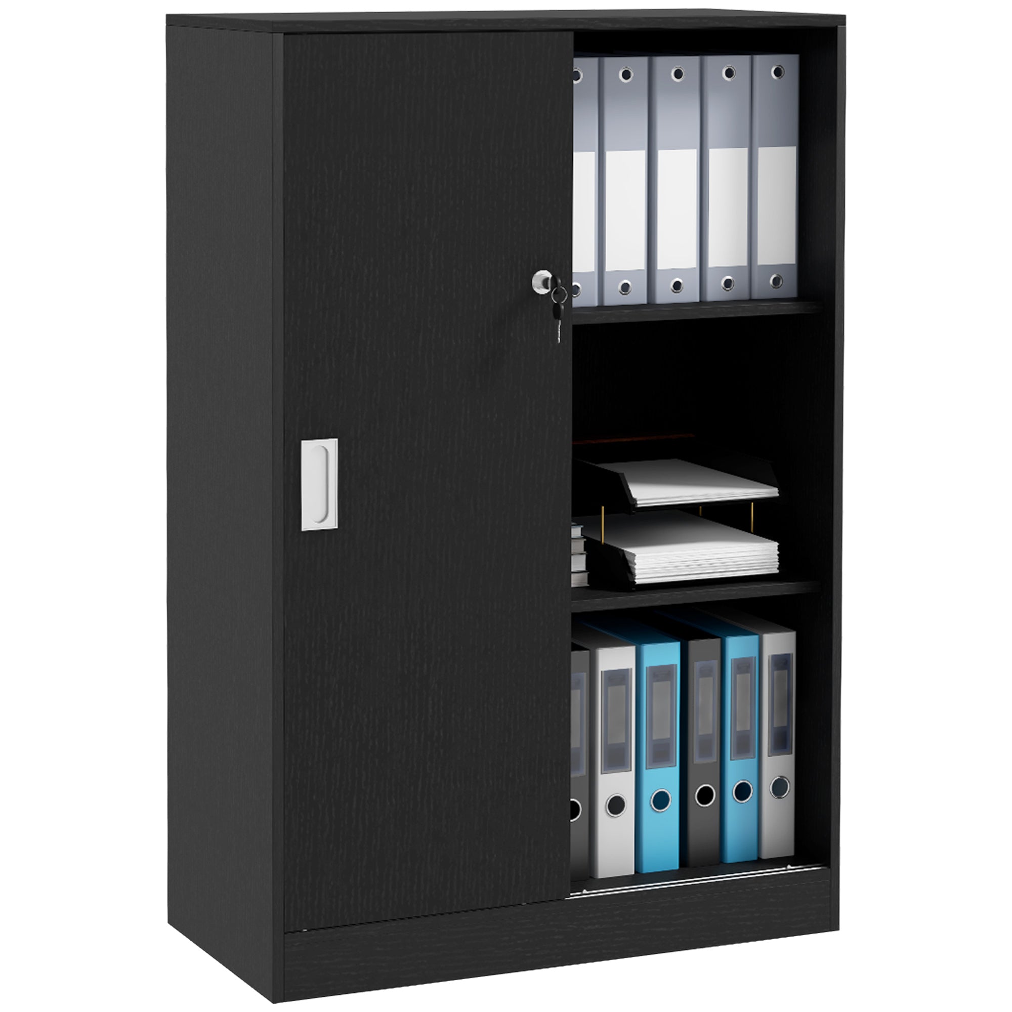Image of Armadietto da Ufficio 80x40x120 cm Ante Scorrevoli con 2 Chiavi di Sicurezza Nero