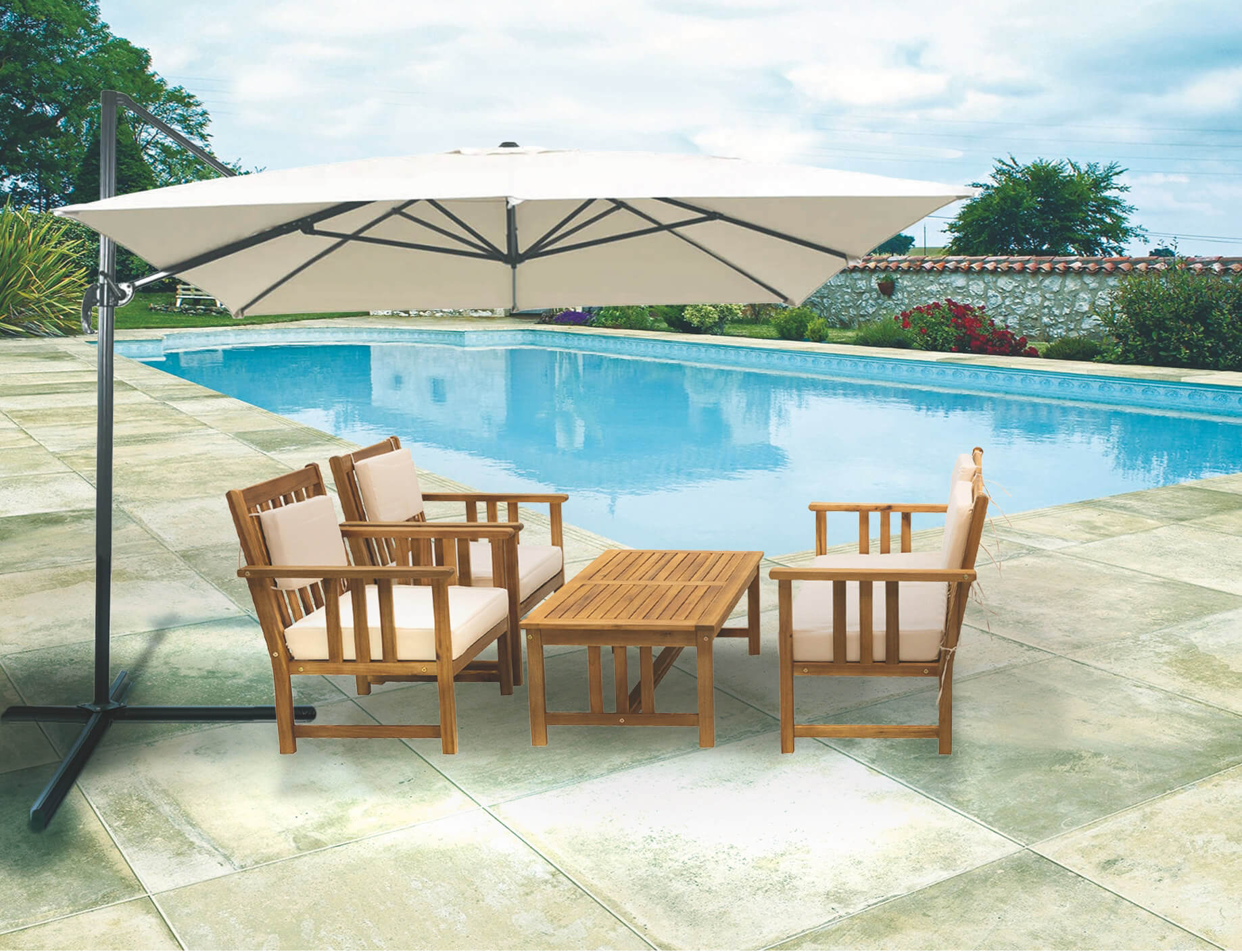 Ombrellone da Giardino Decentrato in Alluminio 3x3m con Manovella Soriani Lampara Ecrù...