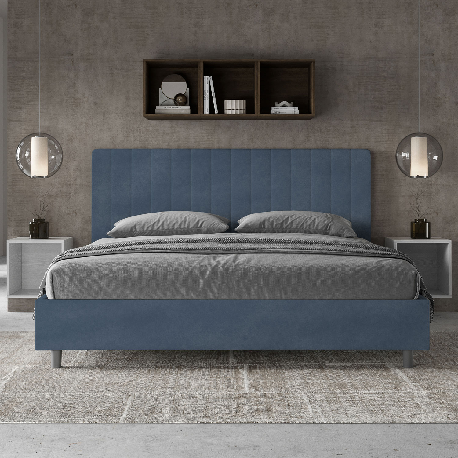 Letto Matrimoniale King Size 180x200 cm Senza Rete Imbottito in Microfibra Agueda Blu...