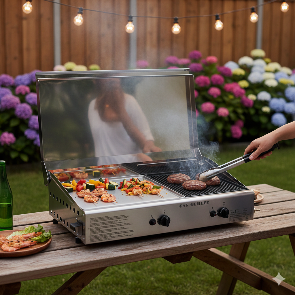 Doppia Piastra di Cottura con Cover Ompagrill Plancha Double 0468 Alimentazione a Gas GPL con Accensione Piezoelettrica in Acciaio Inox e Ghisa...