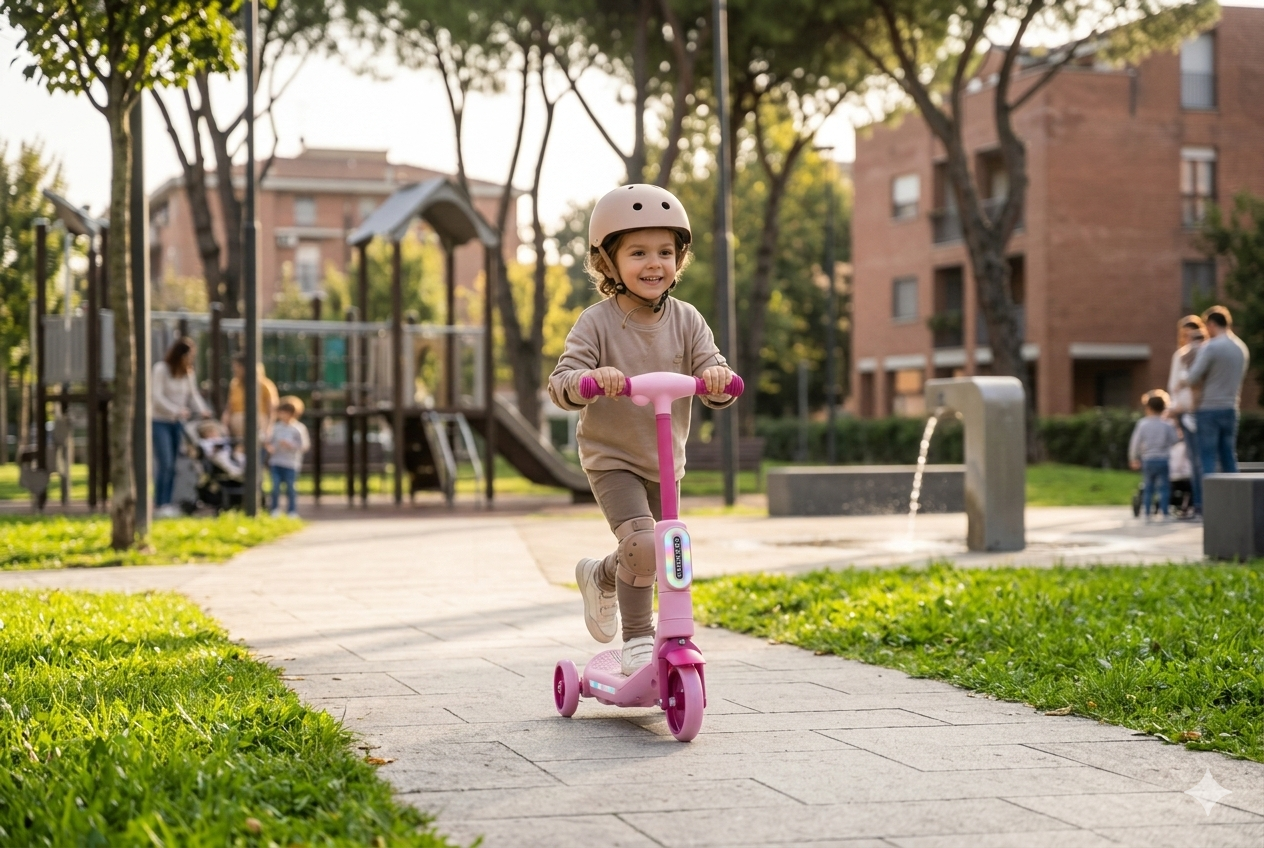 Monopattino Elettrico Deluxe a 3 Ruote 67x32x69 cm Luci LED RGB Casco e Protezioni Incluse Rosa...