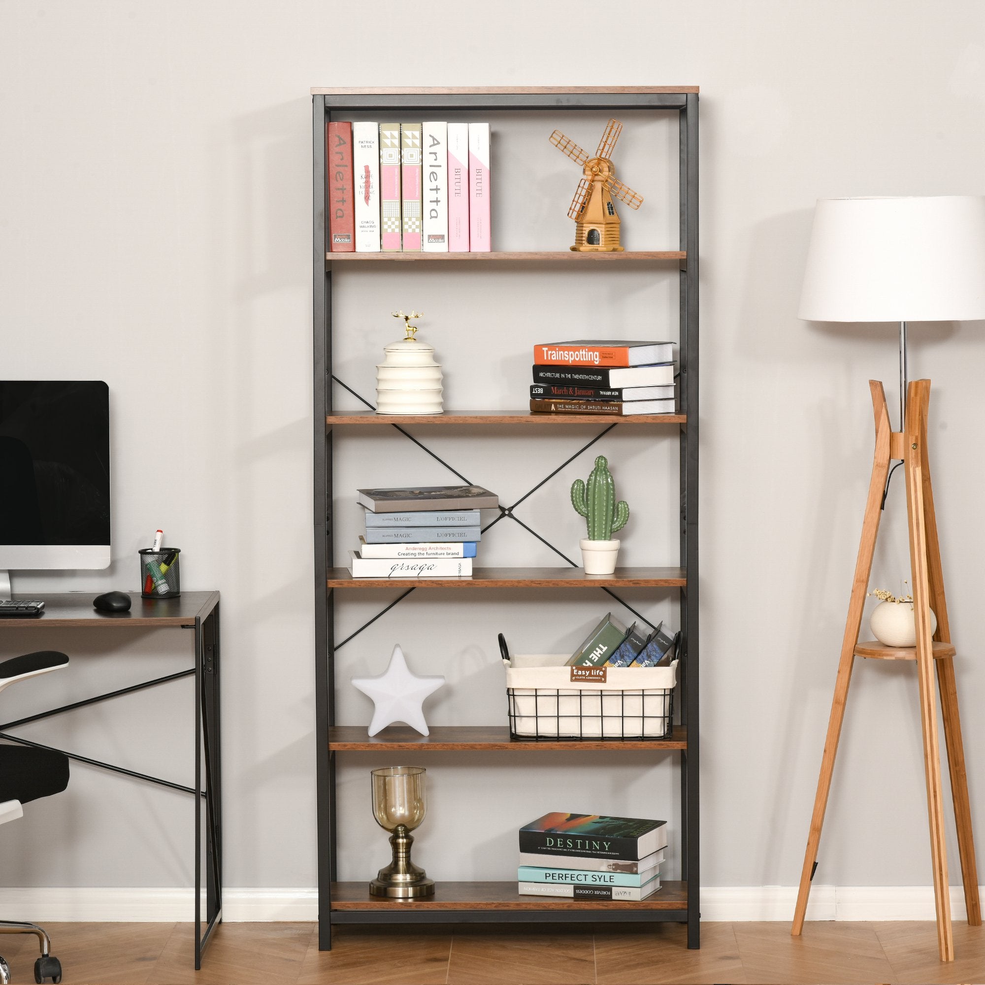 Libreria 6 Ripiani 80x30x180 cm in Legno e Metallo Nera...