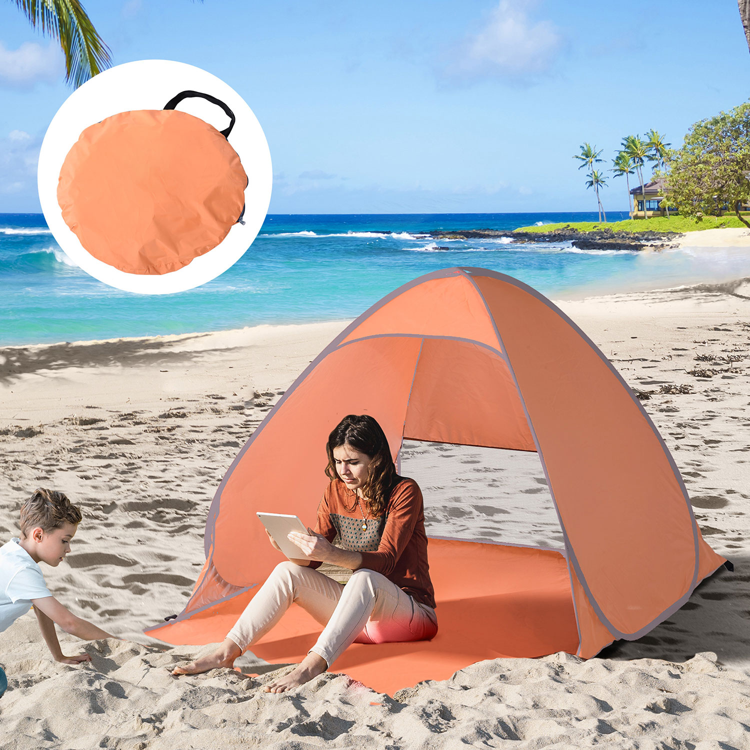 Tenda da Spiaggia Pop Up 200x150x119 cm Protezione UV 30+ e Borsa di Trasporto Arancione...