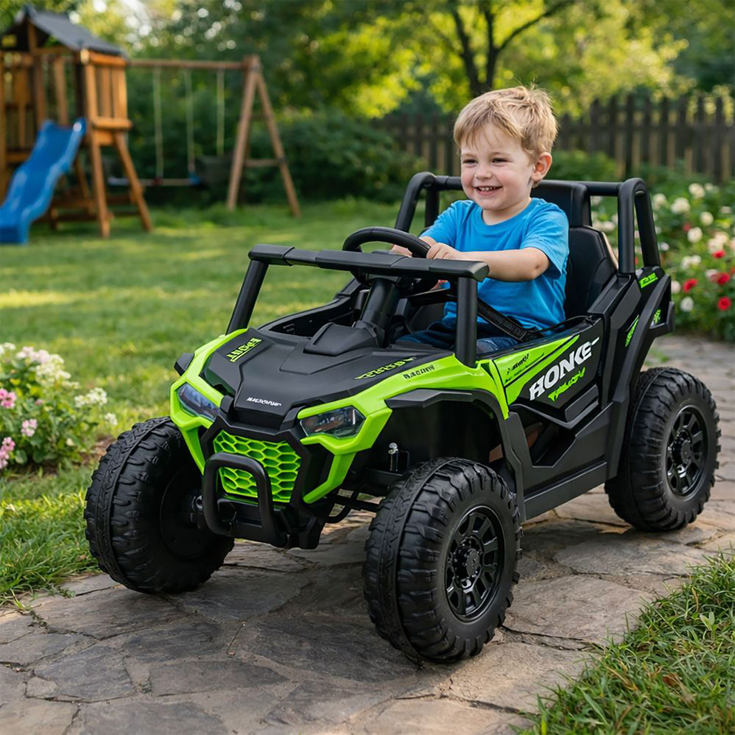 Macchina Elettrica per Bambini Buggy Adventure 2 Motori da 25W con Telecomando Luci e Suoni Verde...