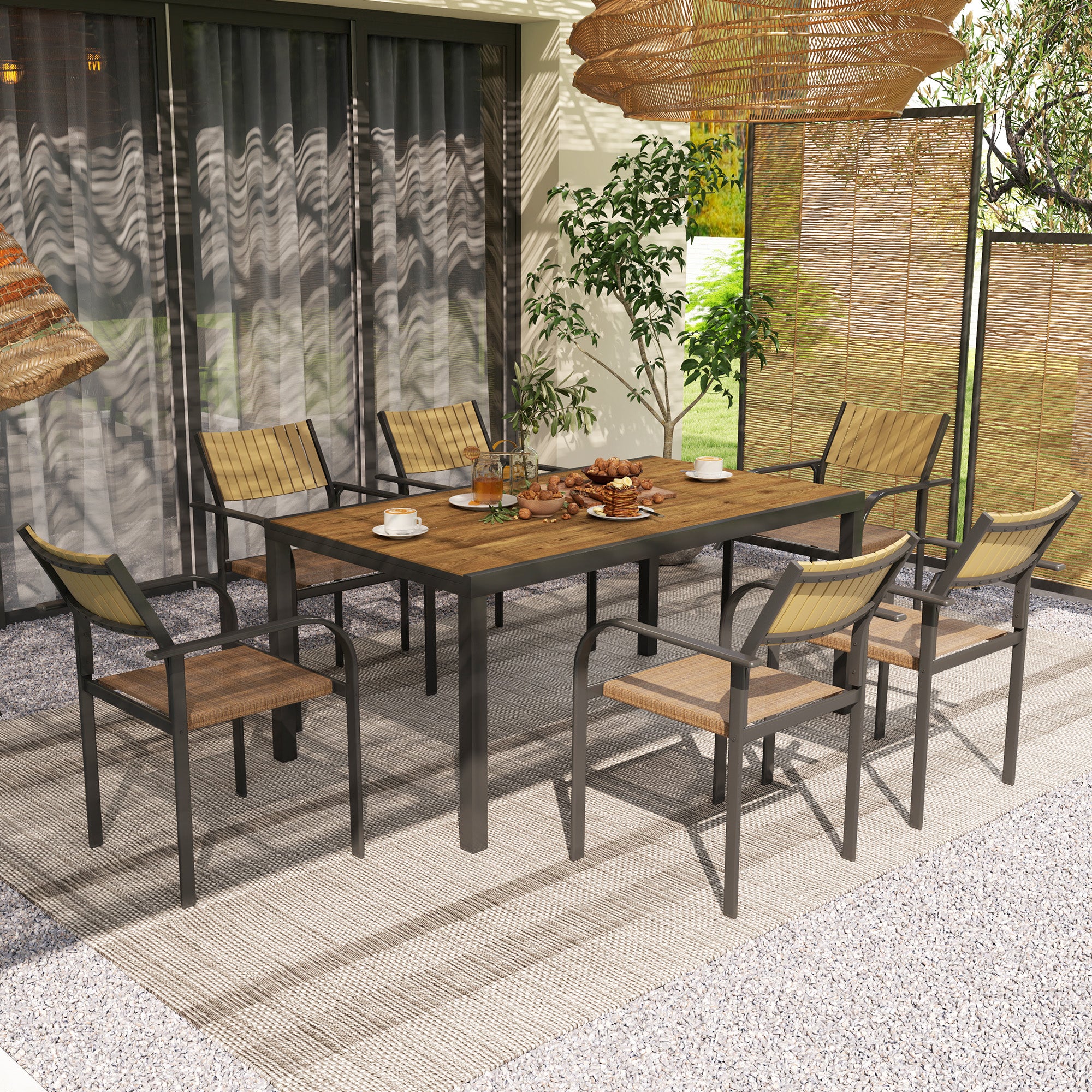 Set da Giardino con Tavolo da Pranzo Allungabile e 6 Sedie Impilabili in Acciaio e Textilene Marrone...