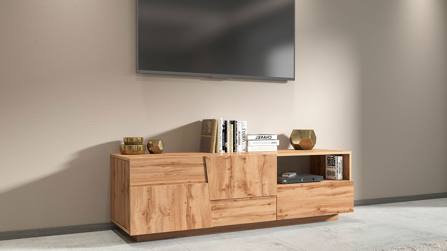 Mobile Tv 2 Anta 1 Cassetto e Ripiano a Giorno 150x45x46 cm Pongo 2A 1C Rovere Wotan  