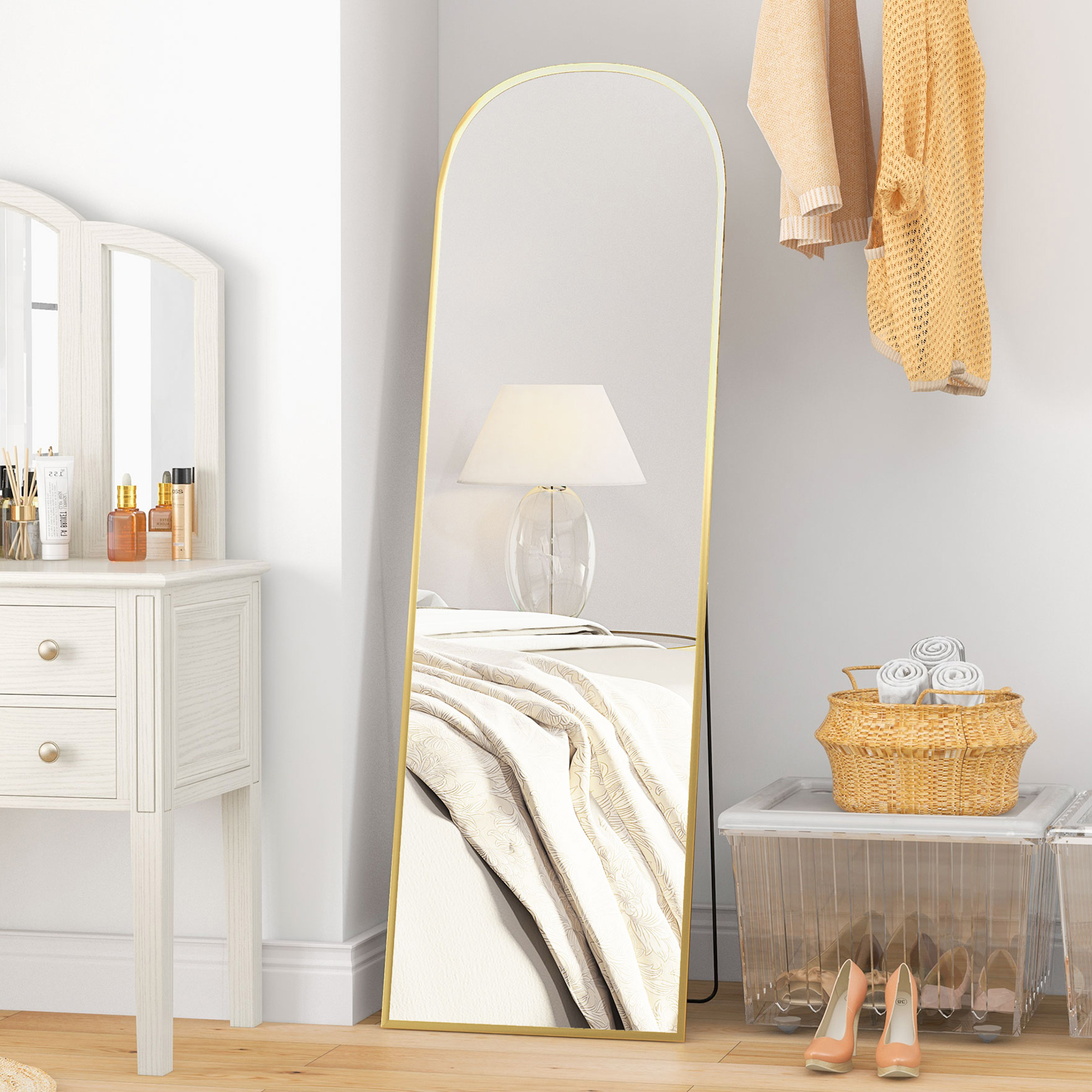 Specchio a Figura Intera da Terra 50x161,5 cm in Lega di Alluminio con Supporto Pieghevole Oro...