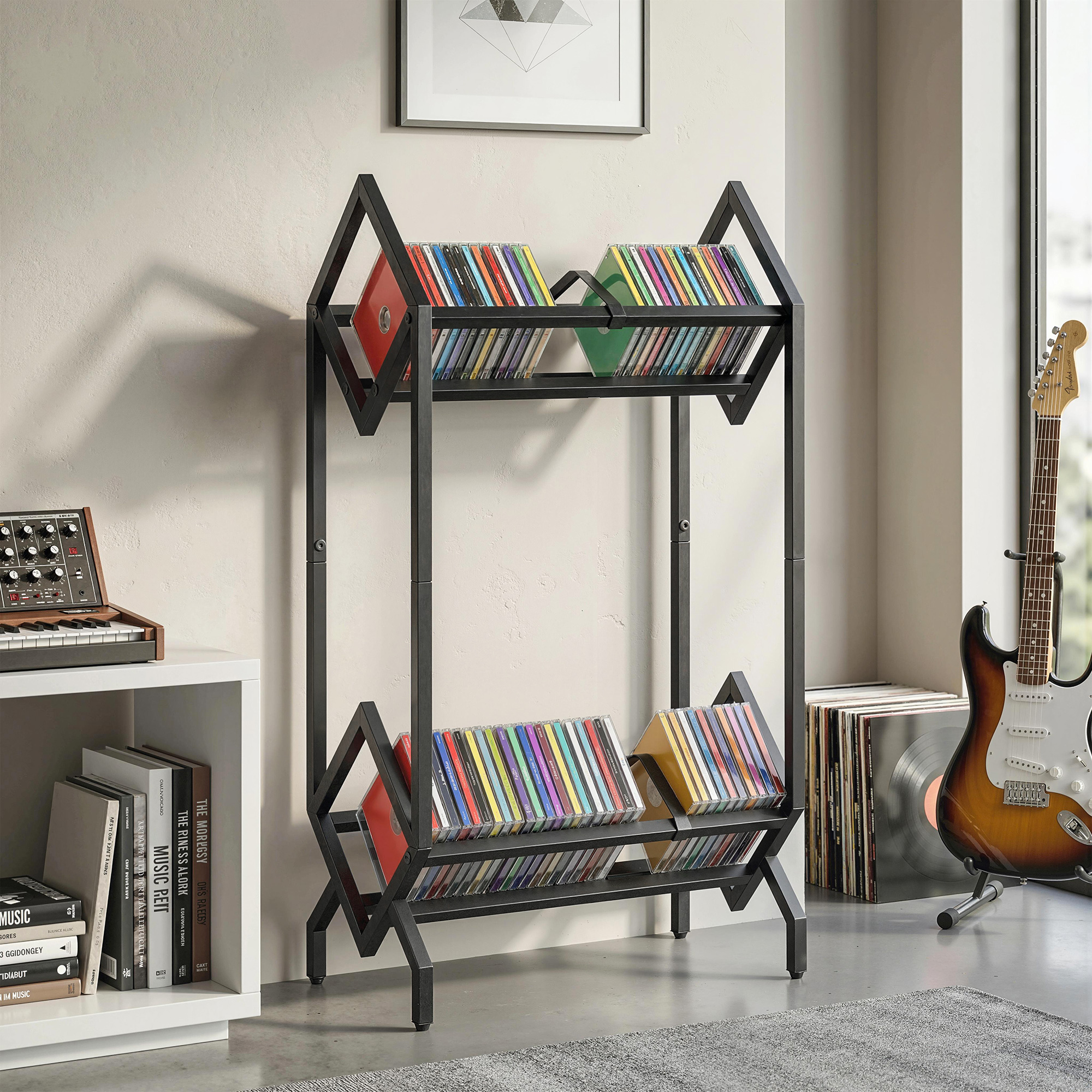Libreria Porta CD 45,2x25,4x80 cm Porta Vinili 2 Livelli per DVD Libri Album in Metallo Nero...