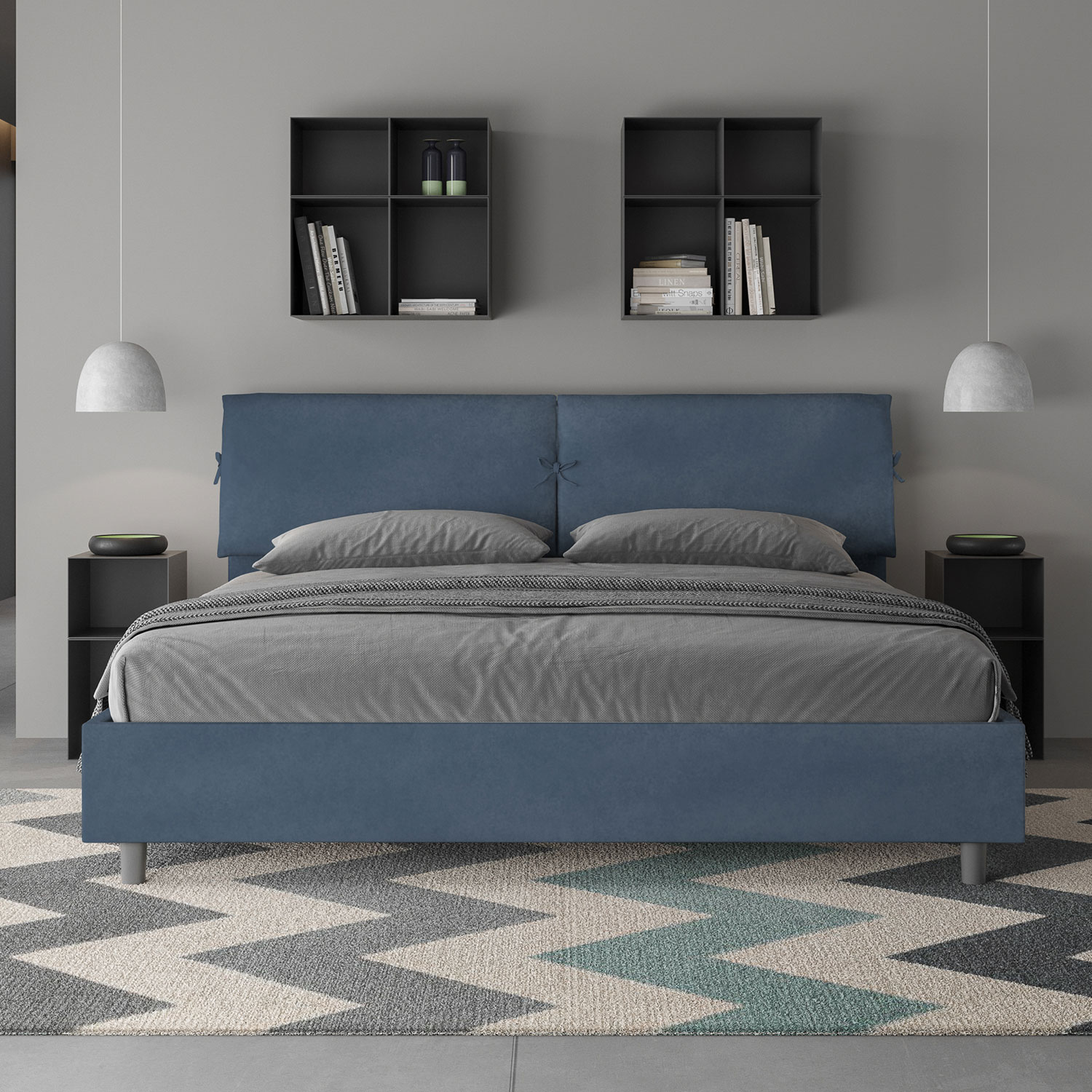 Letto Matrimoniale King Size 180x200 cm Senza Rete Testata con Cuscini Imbottito in Microfibra Mados Blu...