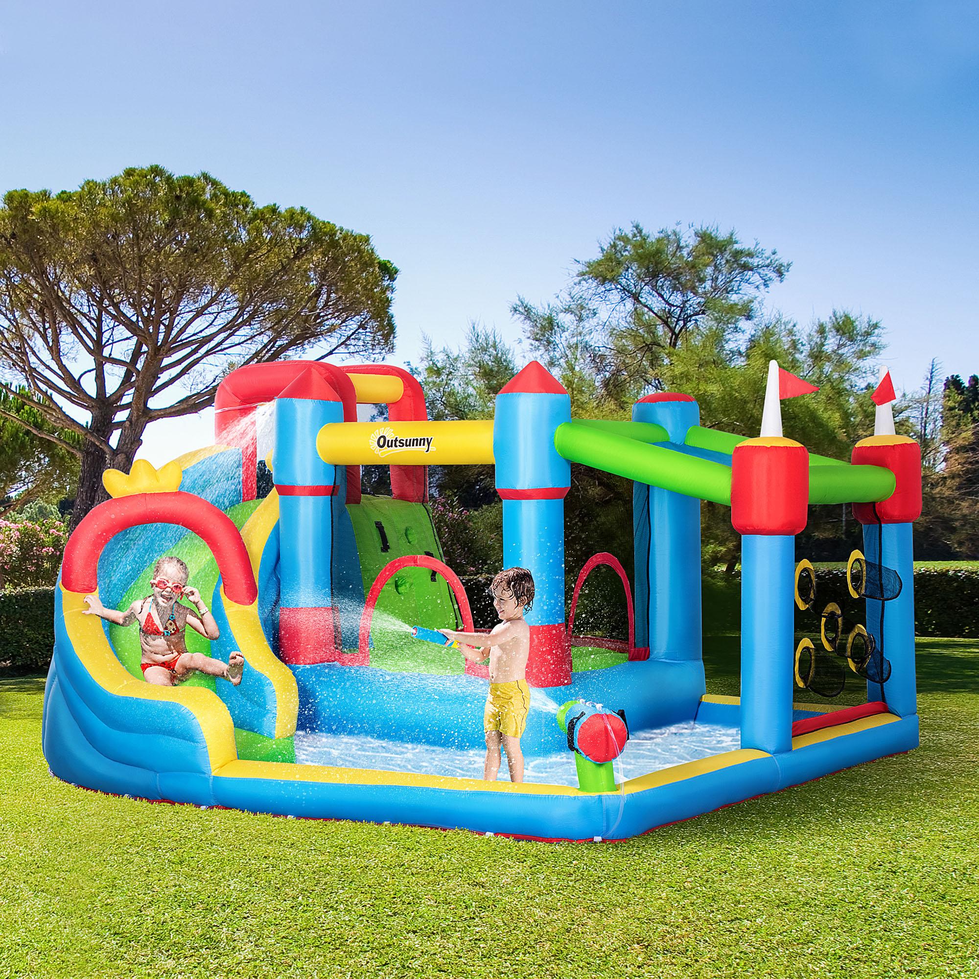 Castello Giostra Gonfiabile 390x300x197 cm con Scivolo Trampolino e Piscina Multicolore...