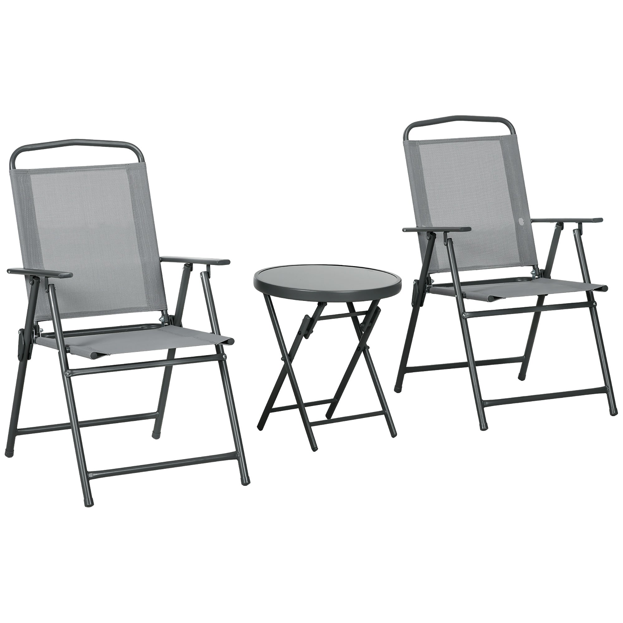 Set Tavolino e 2 Sedie Pieghevoli da Giardino in Metallo Grigio Chiaro