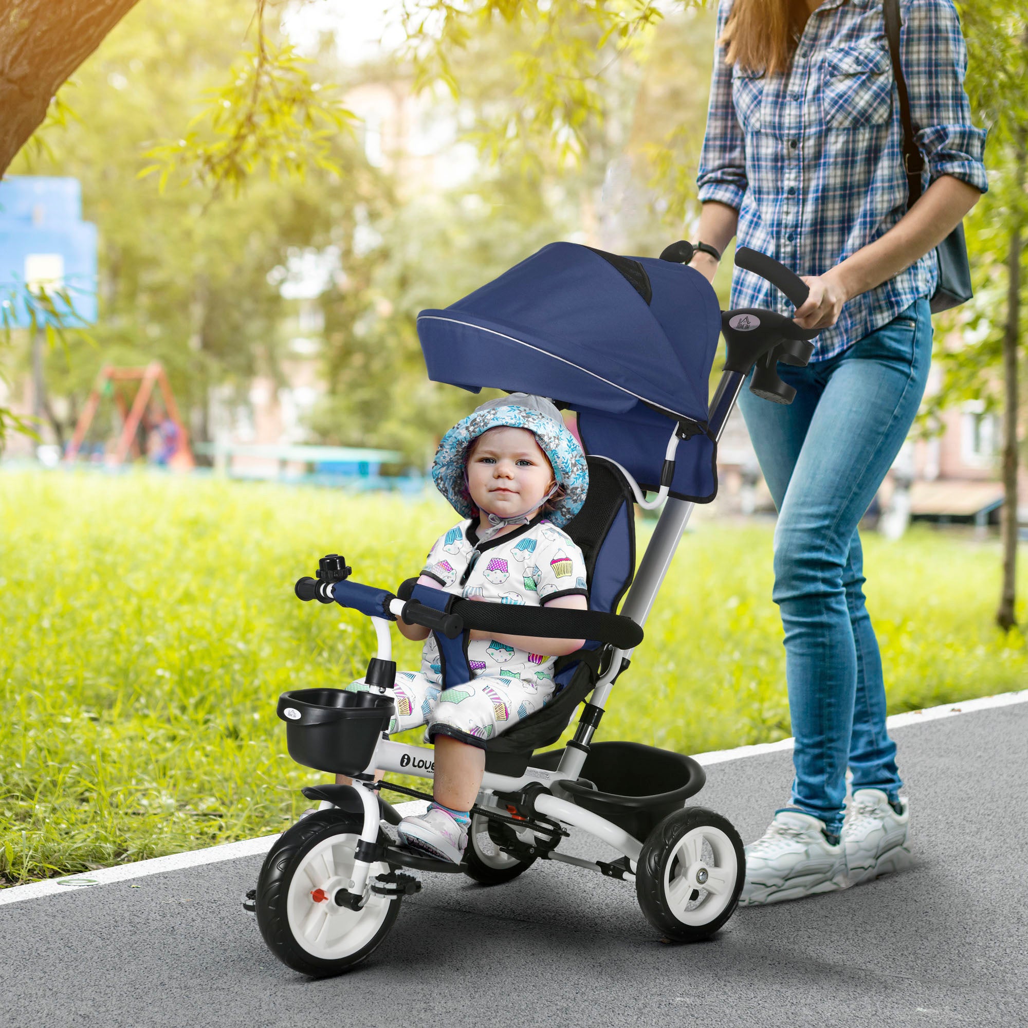 Passeggino Triciclo con Sedile Girevole 360° Parasole Regolabile e Cintura di Sicurezza Blu Scuro...