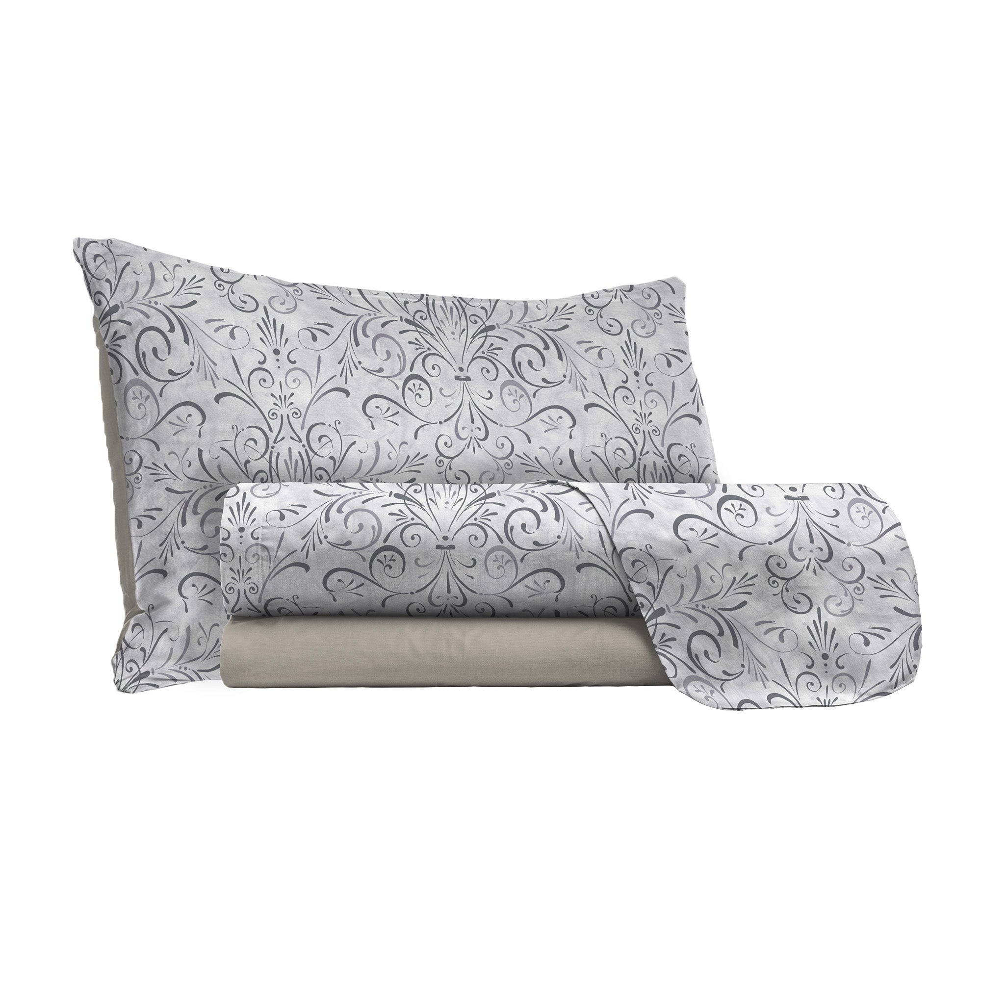 Set lenzuola Singolo stampa sopra Sotto e Federe Ornato Grigio