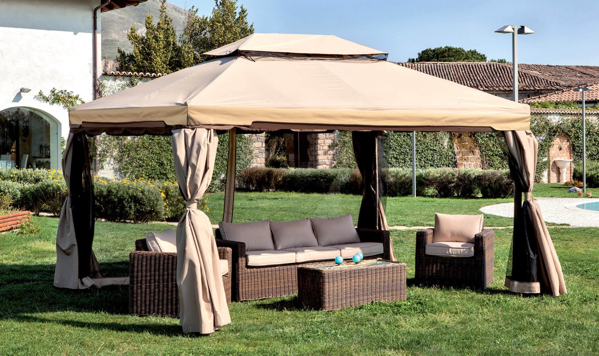 Gazebo da Giardino 3x4m in Alluminio con Zanzariera Bauer Ecrù...