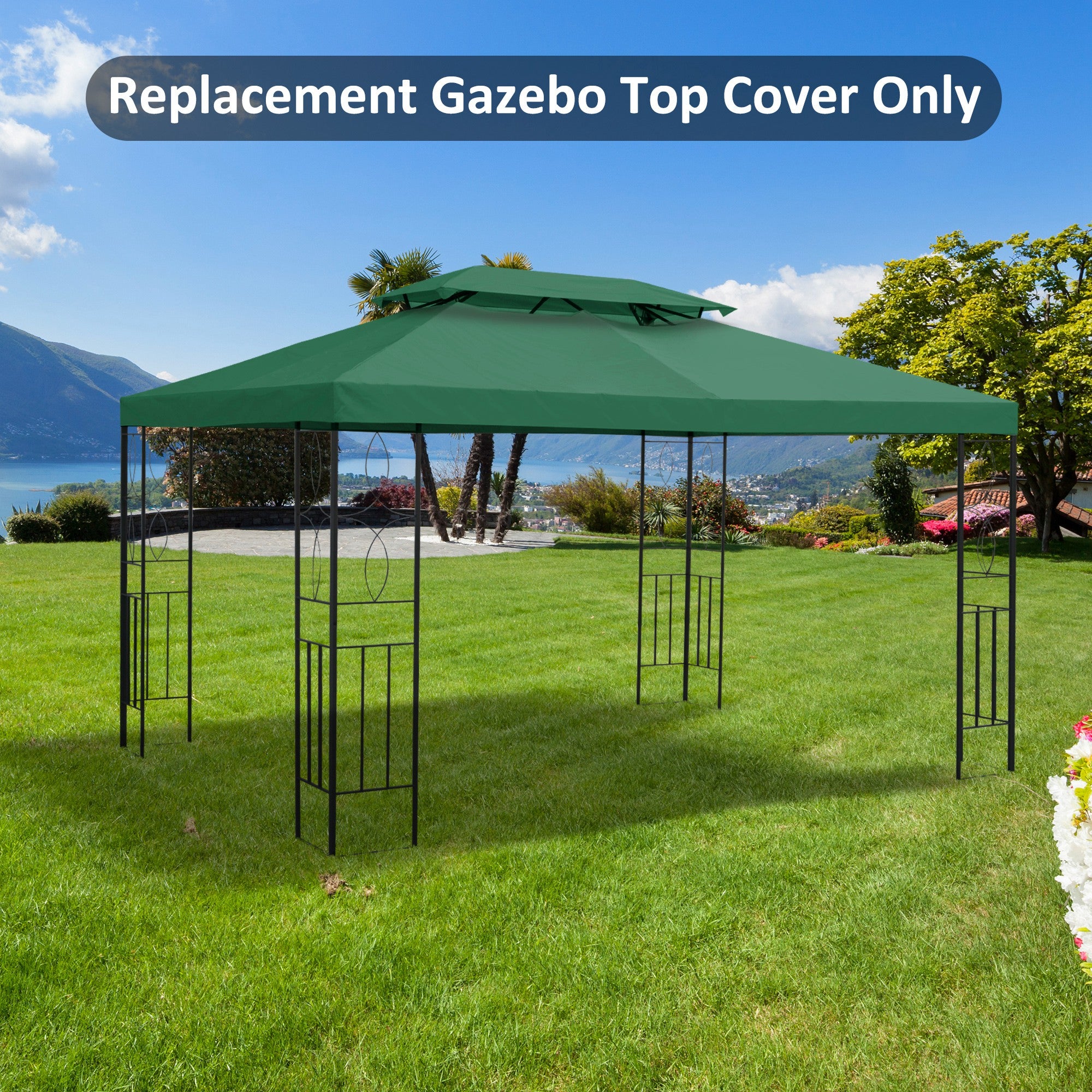 Copertura per Gazebo a 2 Livelli con Cinghie e 10 Fori di Drenaggio 4x3m in Poliestere Verde...