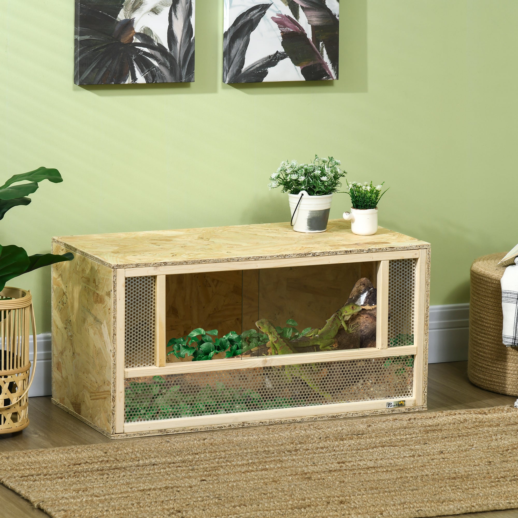 Terrario per Rettili 40x80x40 cm con Porte in Vetro Scorrevoli e Pannelli in Rete in Legno...