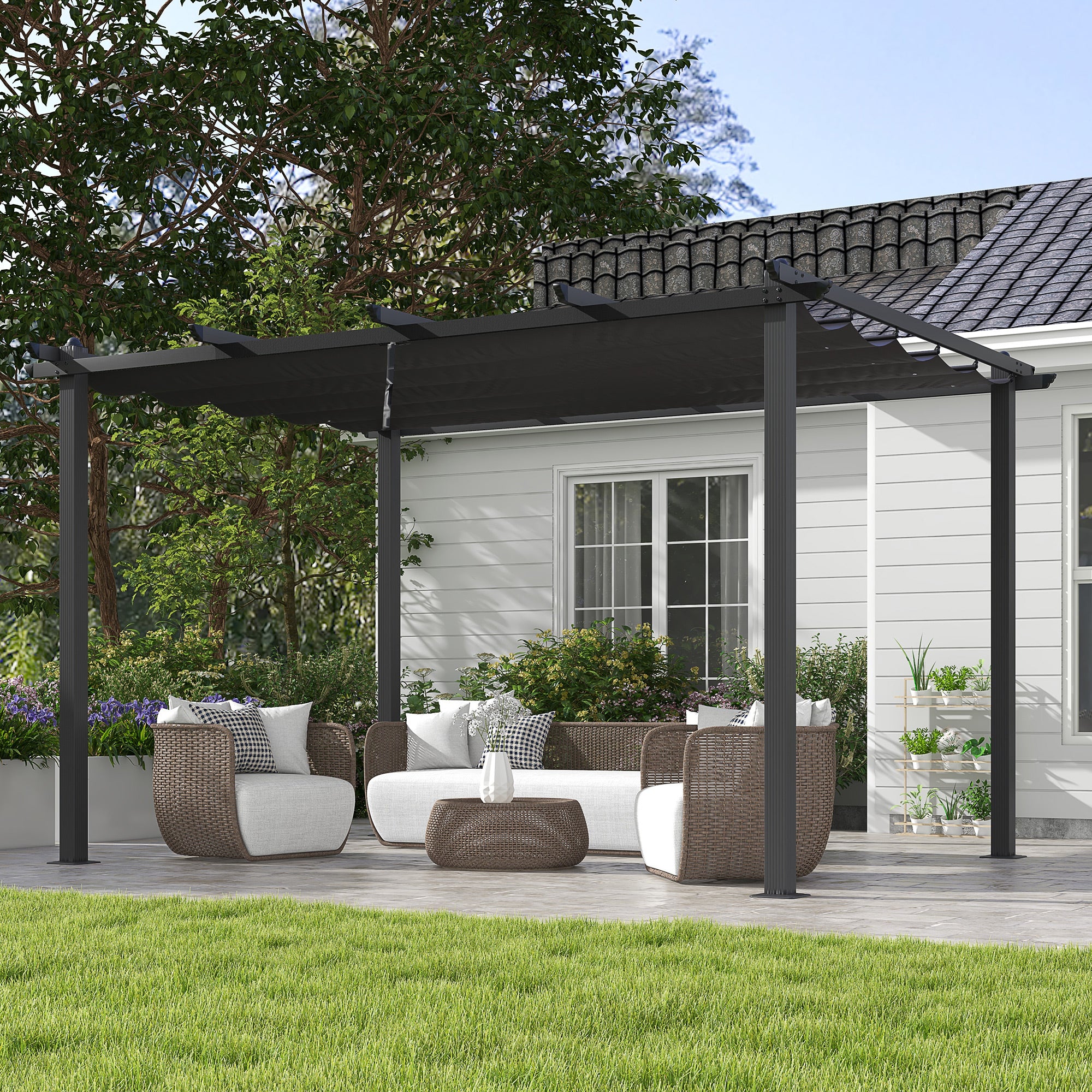 Pergola Gazebo 4x3 m con 8 Fori di Drenaggio in Alluminio Metallo e Poliestere Grigio Scuro...