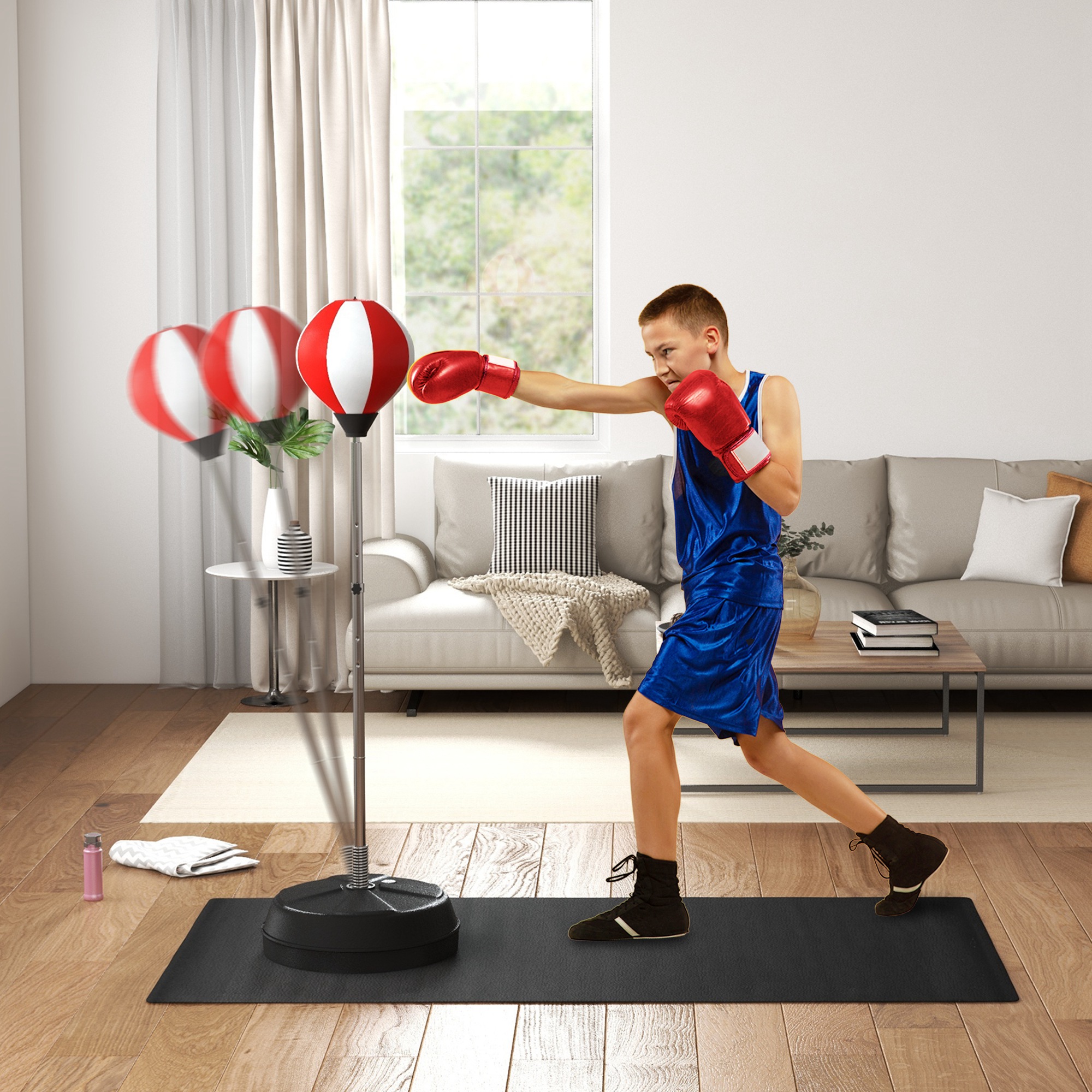 Punching Ball da Terra ad Altezza Regolabile 126-144 cm con Guantoni e Base Riempibile Rosso e Bianco...