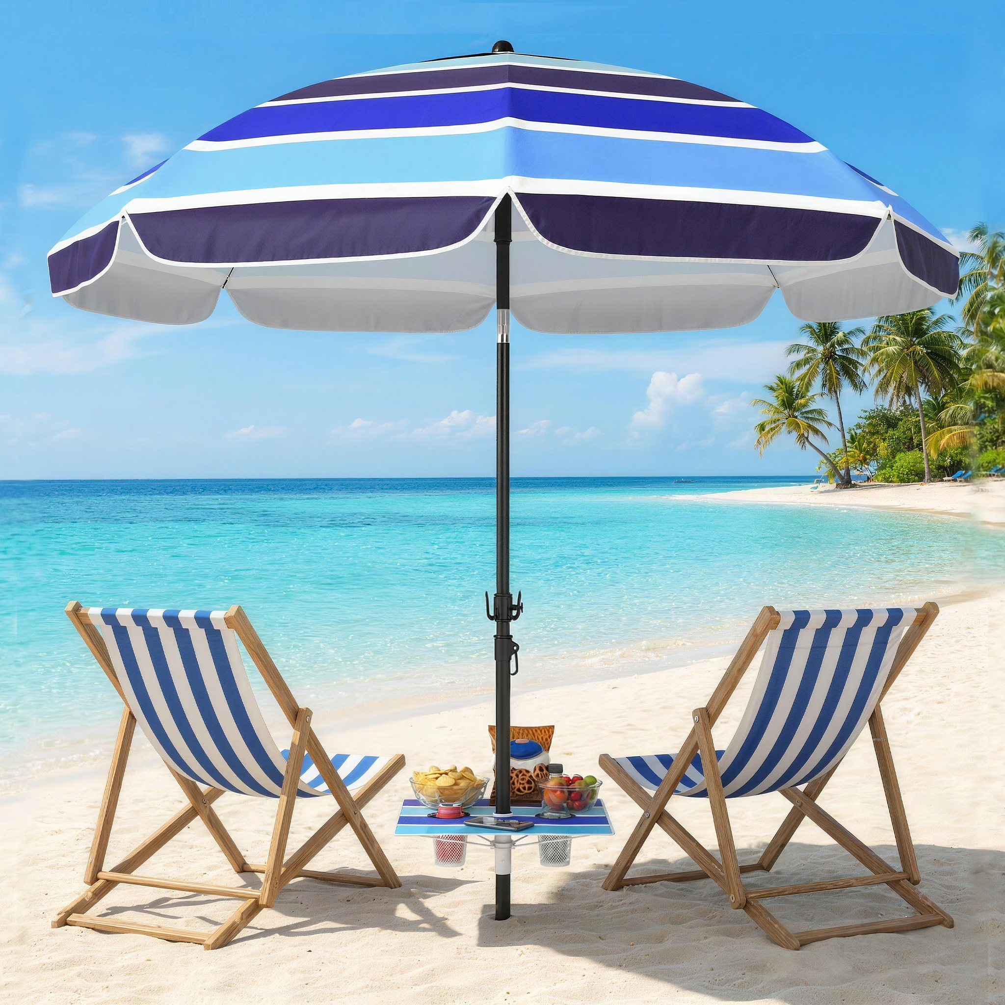Ombrellone da Spiaggia Ø198x214 cm con Tavolino e Portabicchieri in Metallo e Poliestere Multicolore Blu...