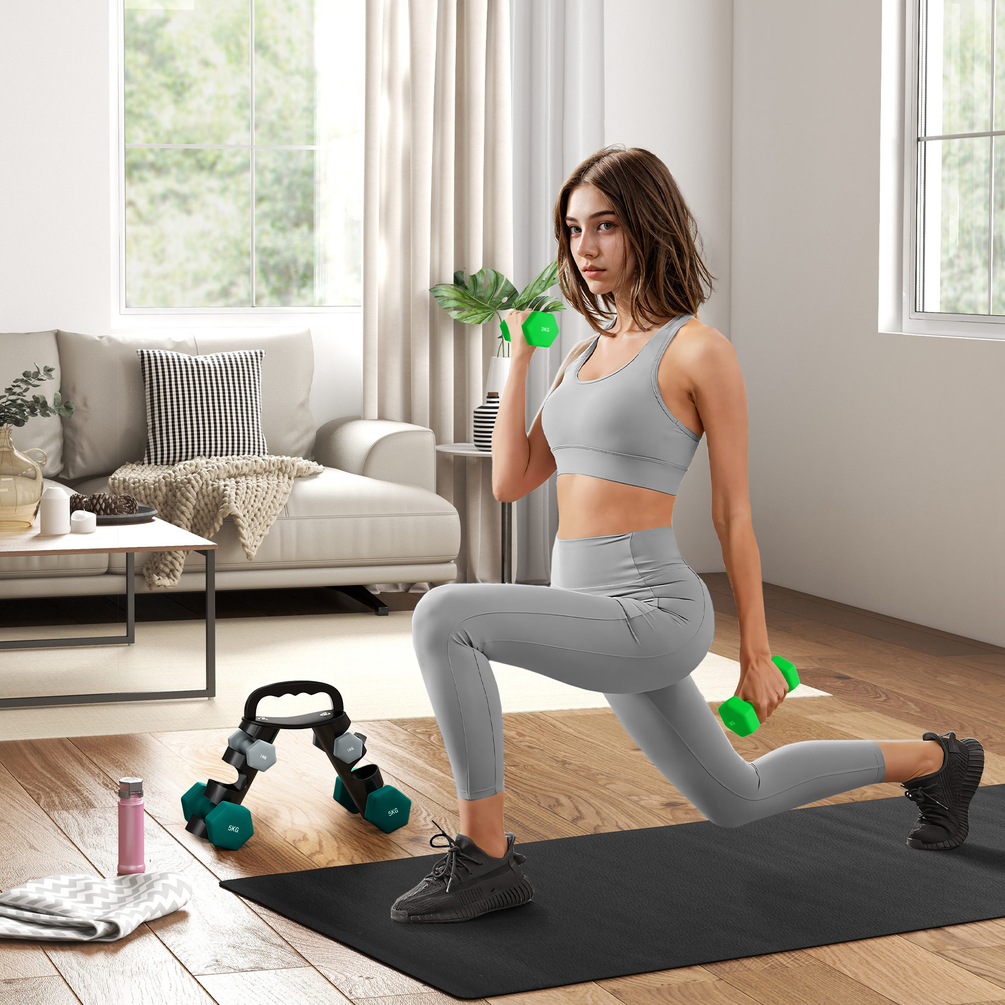 Set 6 Pesi Manubri con Supporto Coppie da 1-3-5 Kg in Metallo Verde e Nero...